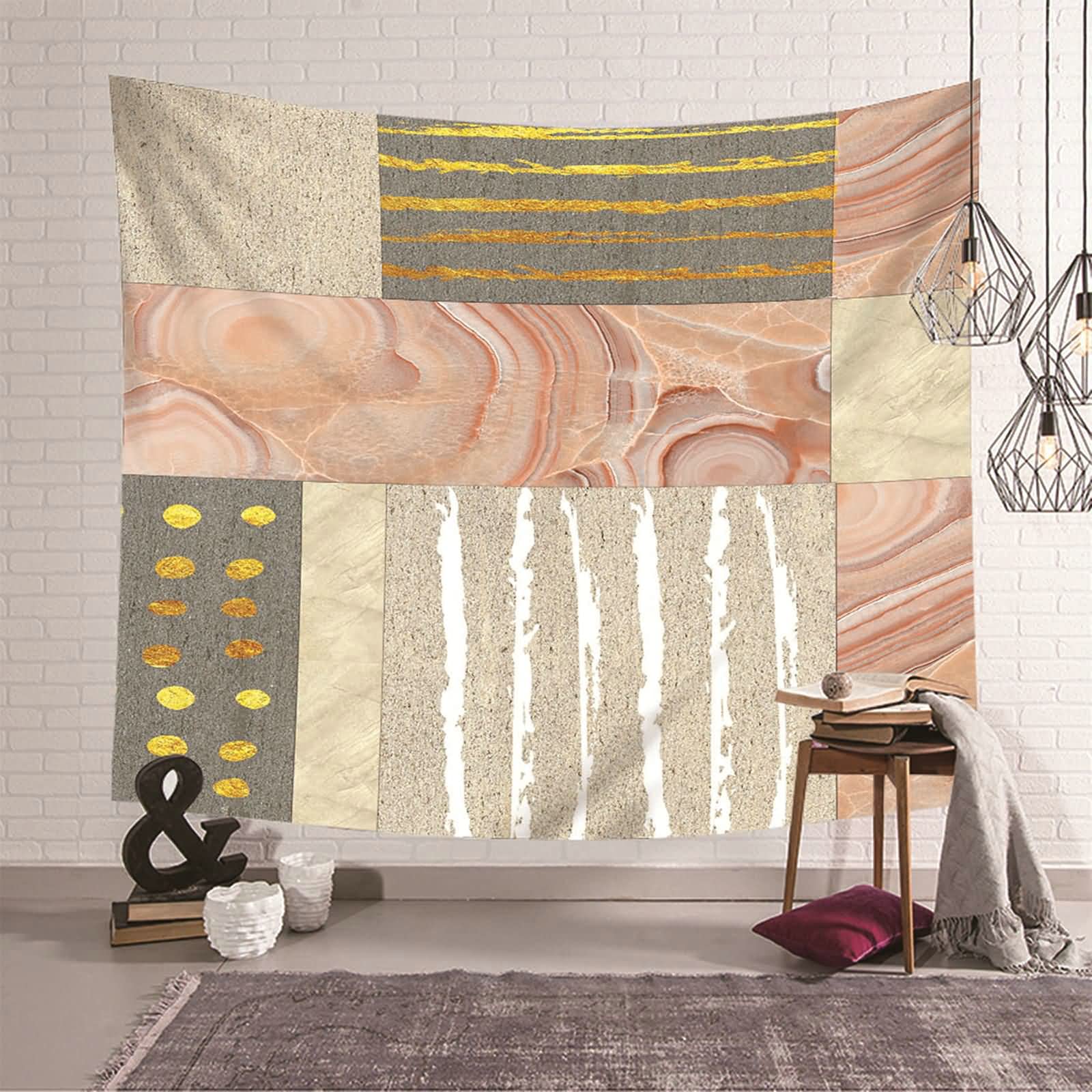 Tapiz de pared vintage geométrico para cubrir imperfecciones, poliéster rosa y gris 150x130