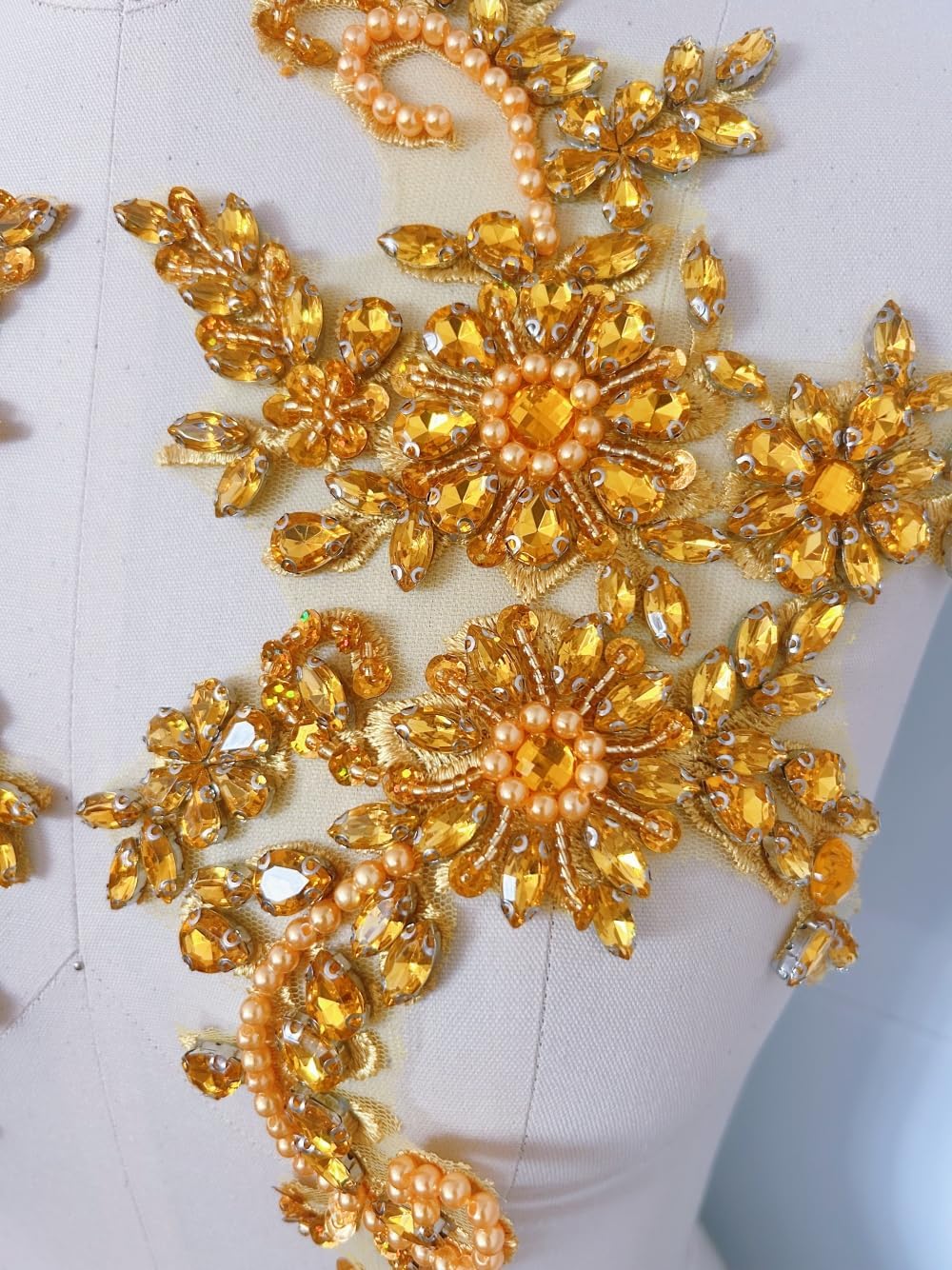 Sewing Costumes Lace Patches and Appliques Designer DIY Bodice Chest Decoration Ornament with Glass Acrylic Crystals Rhinestones for Sew on Wedding Dress Elegant Clothing Prom (Golden)