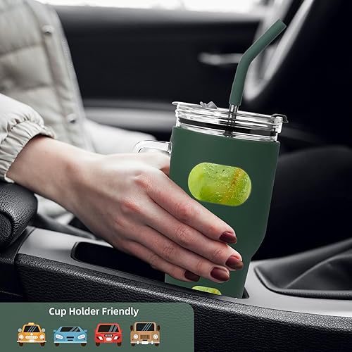 Miniatura 5 de Vaso con tapa y pajilla, tazas de vidrio de 32 onzas sin BPA, 2 popotes y 2 tapas para café helado con asa, taza para batidos con funda de silicona,