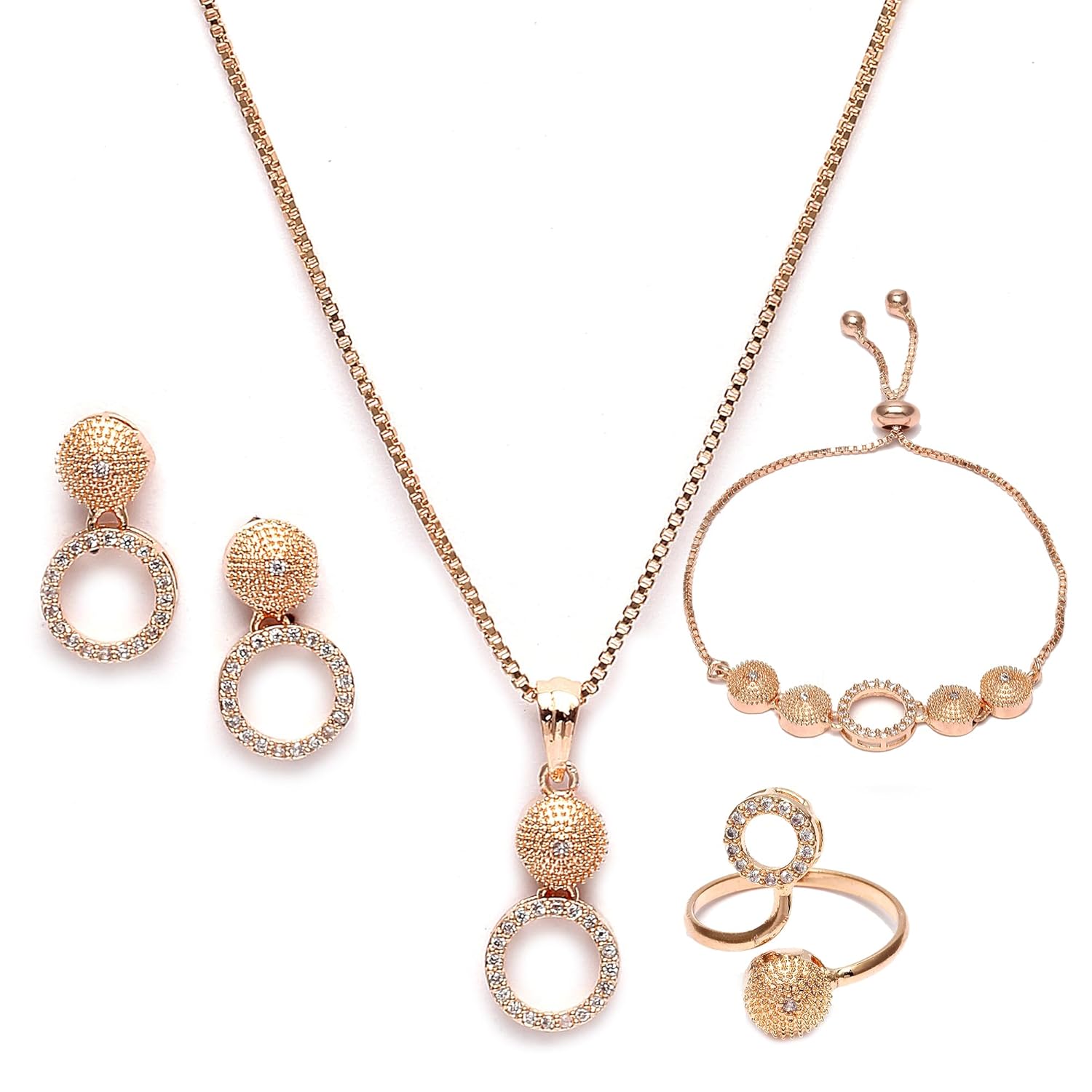 ZENEME Rose Gold-Plated White American Diamond studded Necklace, Earrings, Bracelet with Ring Jewellery Set for Girls and Women