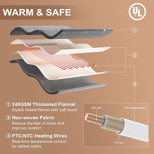 Miniatura 4 de CAROMIO Manta térmica eléctrica de 50 x 60 pulgadas, manta térmica de franela acanalada suave con 6 niveles de calefacción y 8 ajustes de tiempo,