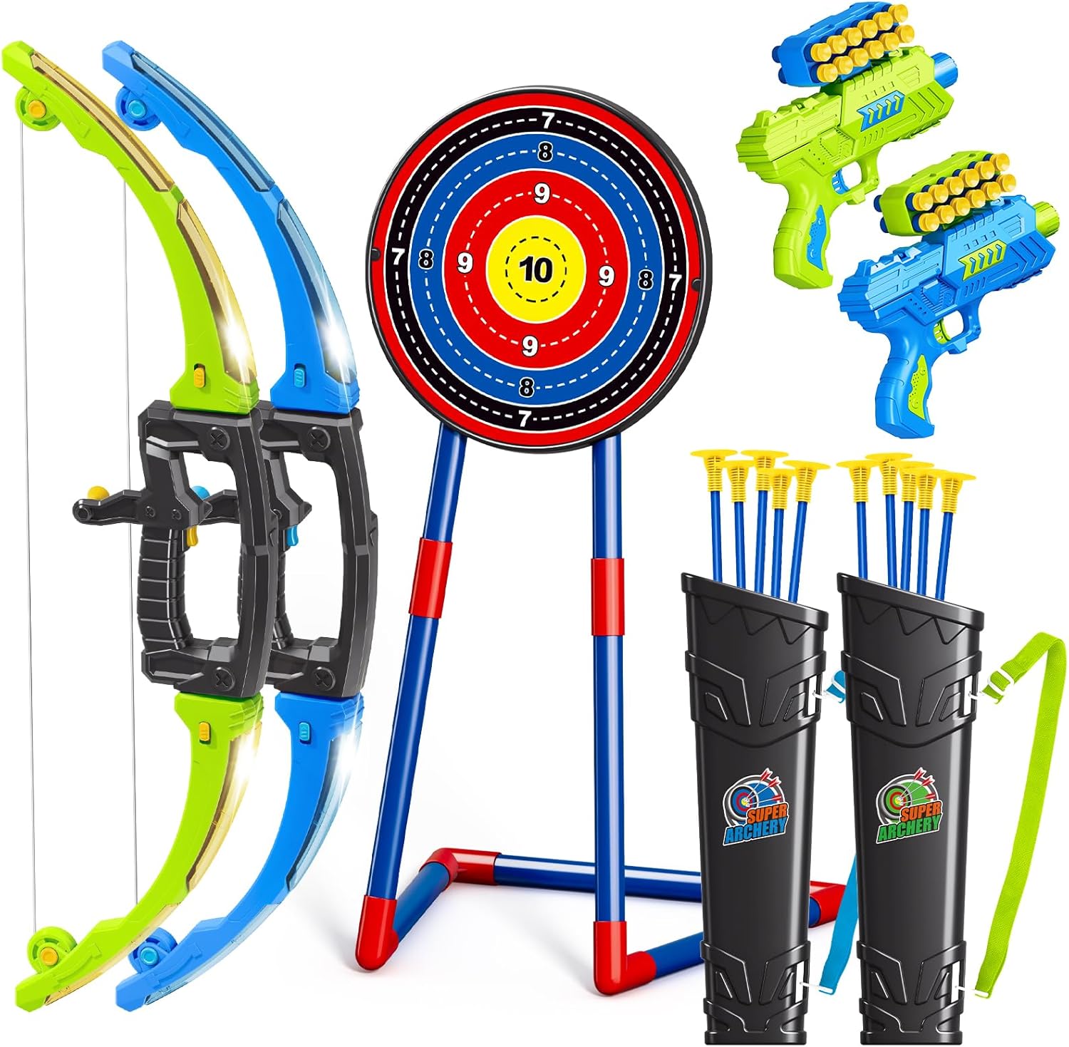 AuroTops 2-in-1 Bow and Arrow Set for Kids 5-12: LED Lights, Suction Arrows, Foam Darts - Safe Indoor Outdoor Archery Toy Gifts for Boys