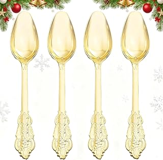 WDF 100 Piece Gold Plastic Spoons Disposable - 6.93 Inch Baroque Gold Spoons Plastic Silverware for Dessert Cake - Heavy Duty for Thanksgiving Party, Wedding or Daily Using