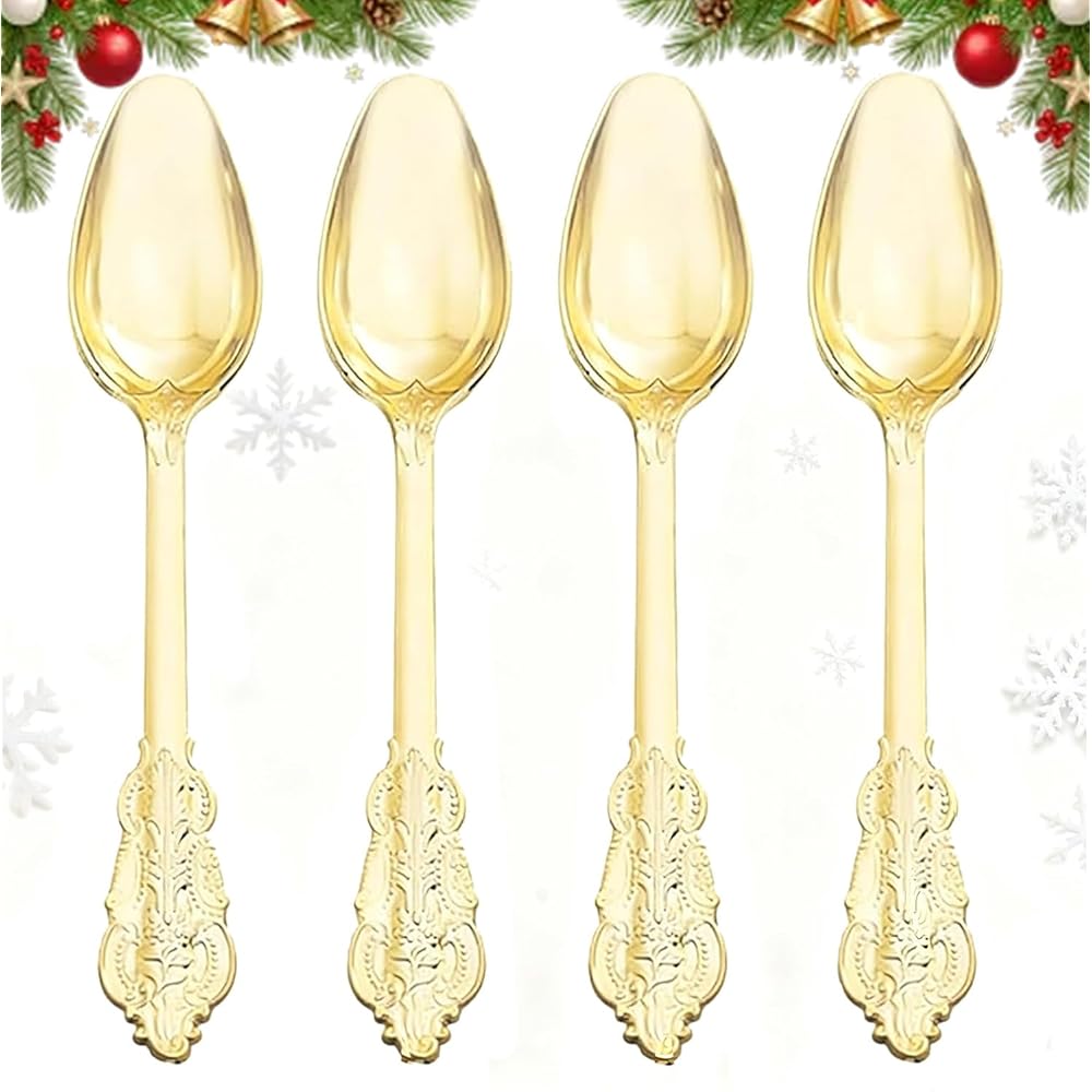 WDF 100 Piece Gold Plastic Spoons Disposable - 6.93 Inch Baroque Gold Spoons Plastic Silverware for Dessert Cake - Heavy Duty for Thanksgiving Party, Wedding or Daily Using