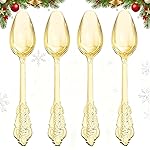 WDF 100 Piece Gold Plastic Spoons Disposable - 6.93 Inch Baroque Gold Spoons Plastic Silverware for Dessert Cake - Heavy Duty for Thanksgiving Party, Wedding or Daily Using