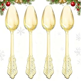 WDF 100 Piece Gold Plastic Spoons Disposable - 6.93 Inch Baroque Gold Spoons Plastic Silverware for Dessert Cake - Heavy Duty for Thanksgiving Party, Wedding or Daily Using