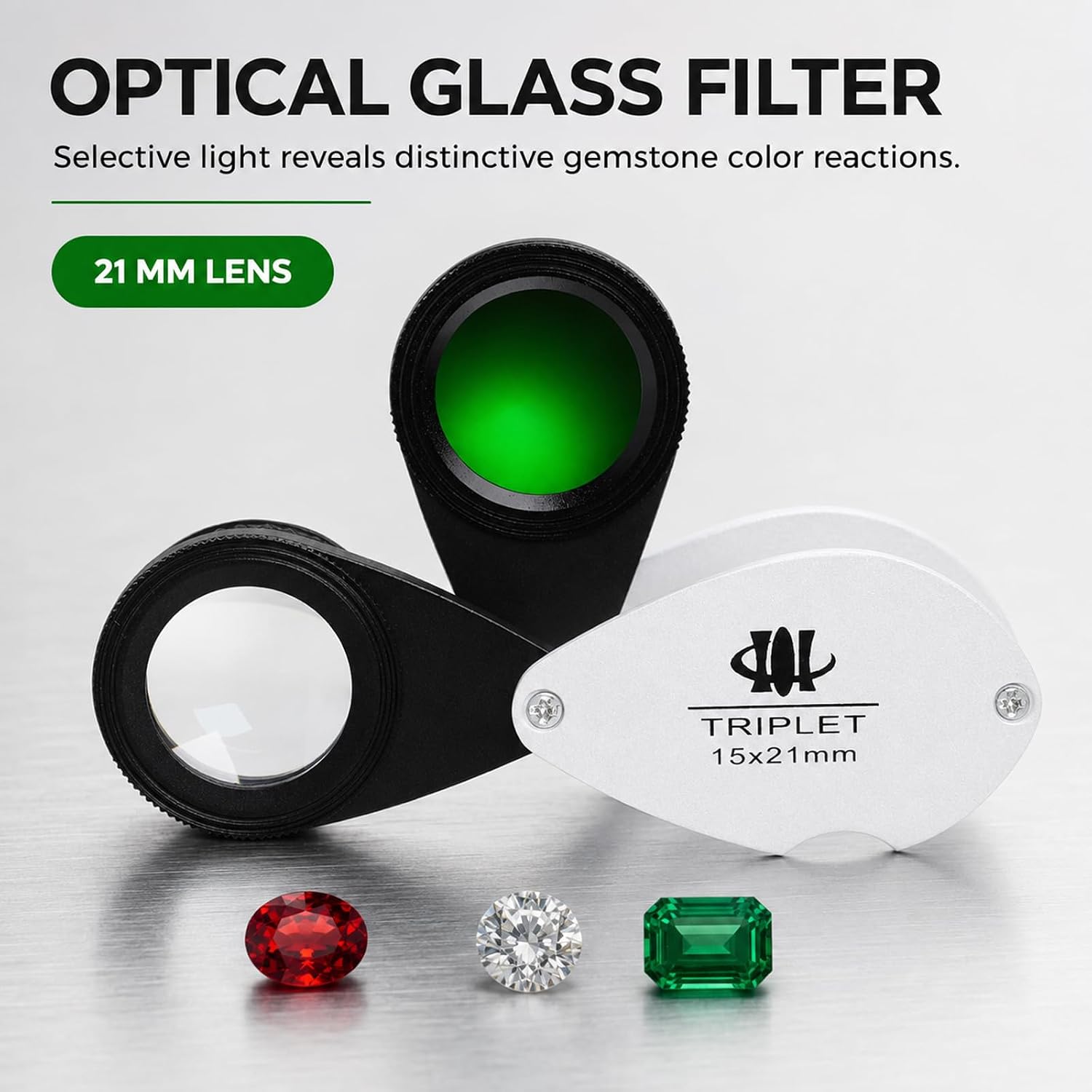 15X Jewelers Loupe with Jadeite Filter, Triplet Optical Glass Magnifier, 21mm Gemstone Identification Loupe for Emerald, Aquamarine, Sapphire, Diamond, Coin, Jewelry, Stamp Inspection
