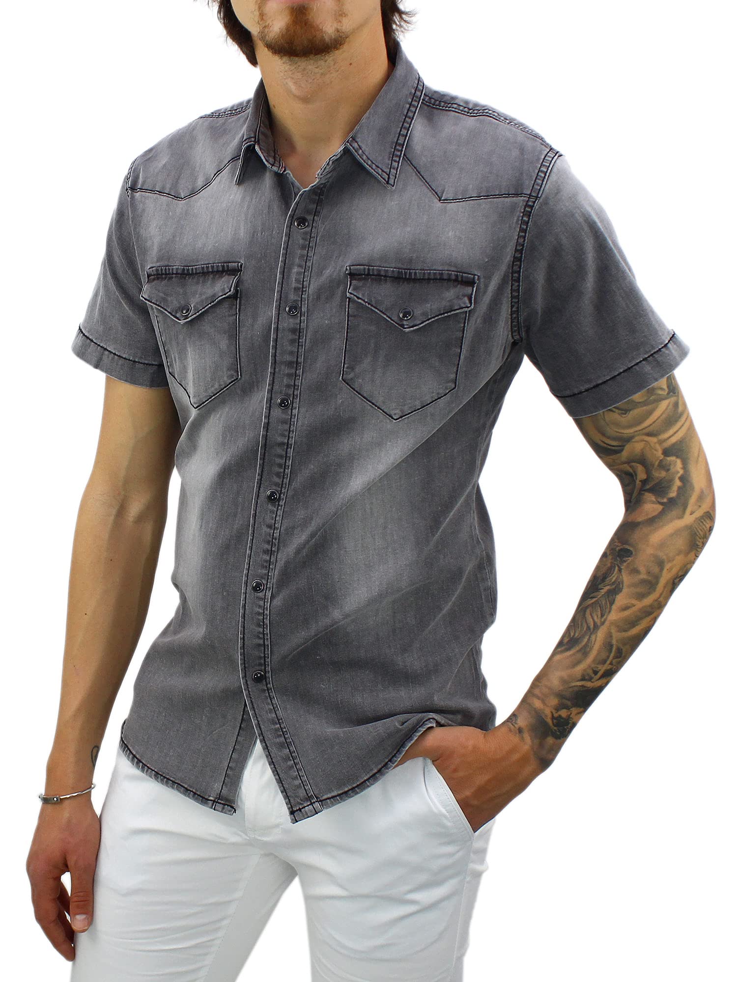 Camisa vaquera para hombre de manga corta Slim Fit azul y negro vaquero