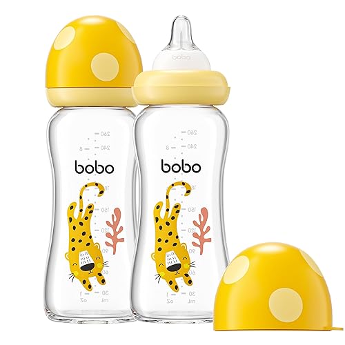 Miniatura 52 de YOHKOH Biberón de vidrio natural con pezón de respuesta natural, biberones anticólicos para recién nacidos, biberón con tapa de hongo de cuello