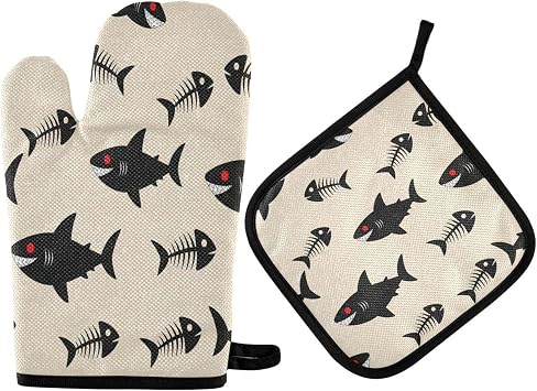 QUGRL Oven Mitts and Pot Holders Set Sharks Skeletons Cream Background Kitchen Oven Gloves Hot Pads Heat Resistant Handling Cooking Cookware Bakeware BBQ