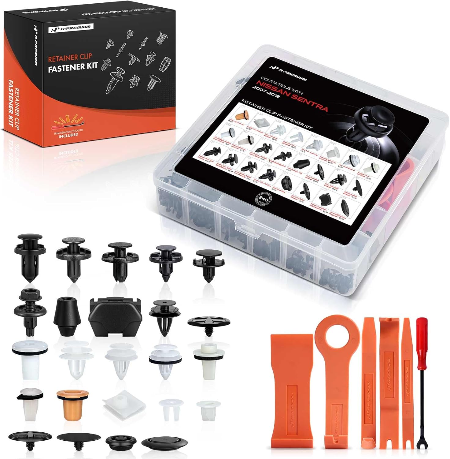 A-Premium 24 Sizes 48.64oz Bumper Fender Door Retainer Clips Kit Compatible with Nissan Sentra 2007-2012 Hood Insulation Splash Car 240PCS Plastic Rivets Fasteners Push Retainer Kit, w/Removal Tool