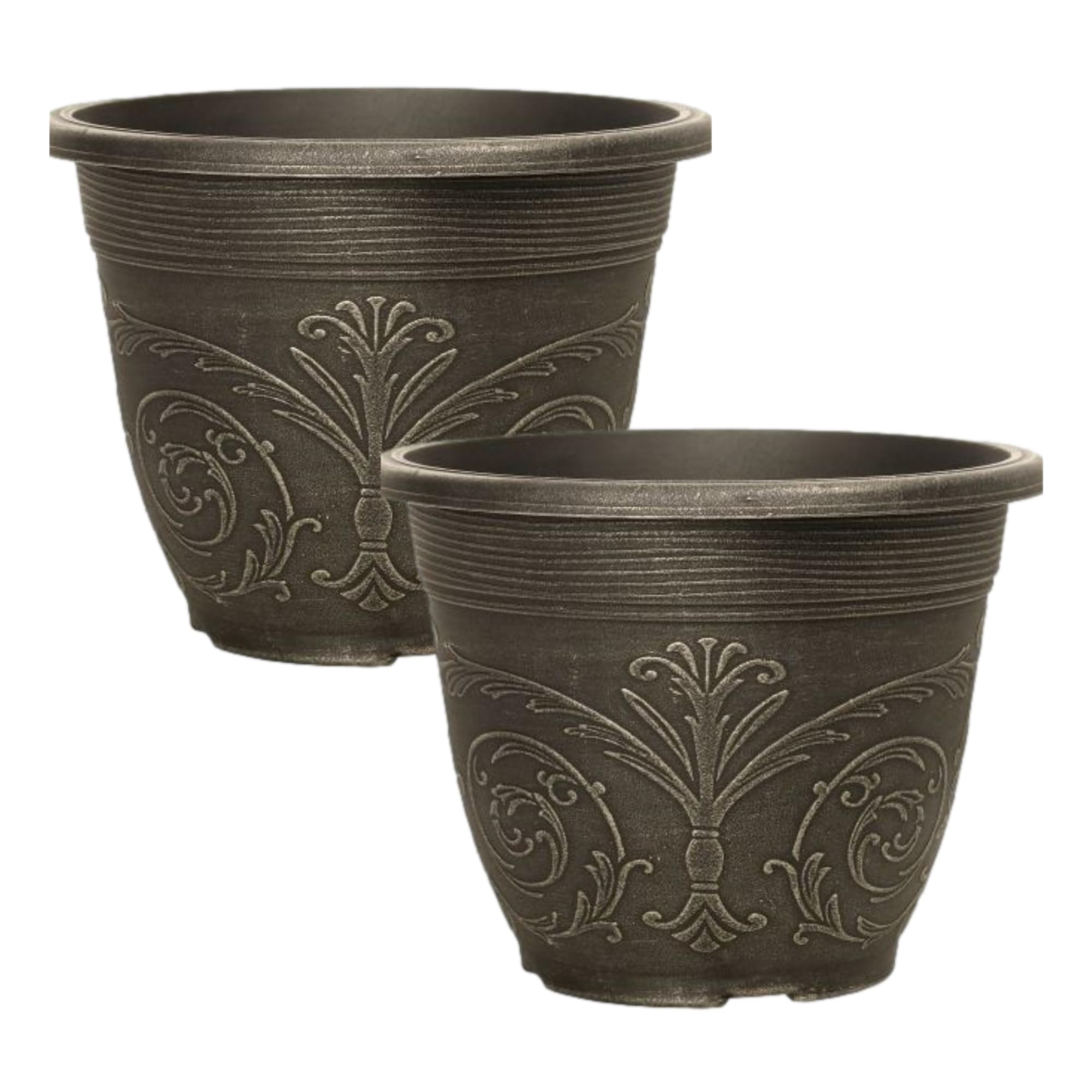 Fyne-Finds Balck Set Of 2 Round Plant Pots 10L Garden Decorative Outdoor Brushed Champagne Gothic 30Cm,12Inch Planter Weatherproof Drainage Holes