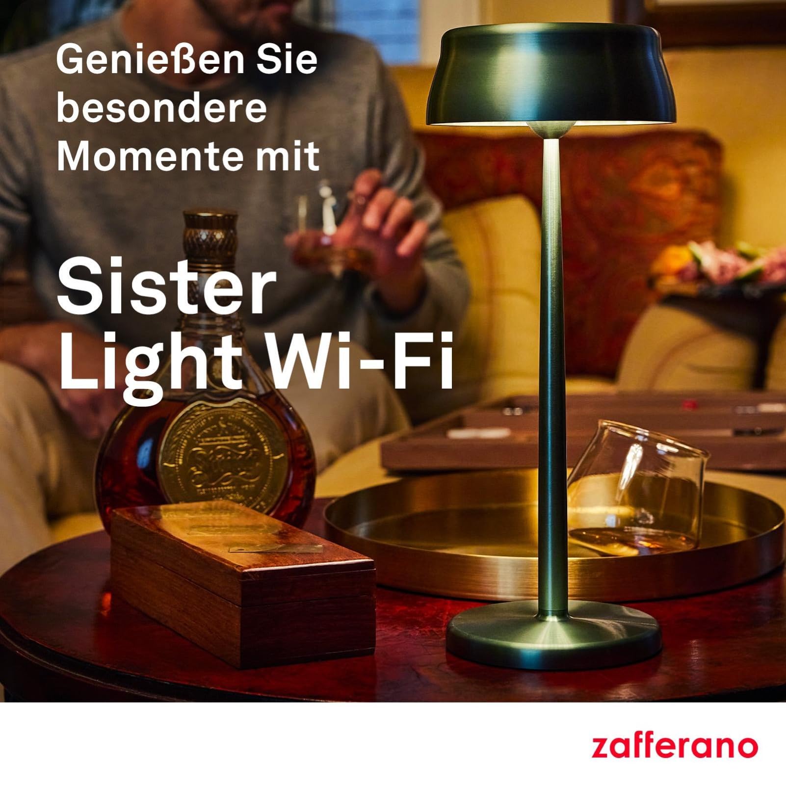 Zafferano, Sister Light Wi-Fi Lampe, Wiederaufladbare und Kabellose Tischlampe mit Fernbedienung, Geeignet für den Innen- und Außenbereich, Stufendimmer, 2200-4000 K, Höhe 32,8 cm, Farbe Gold
