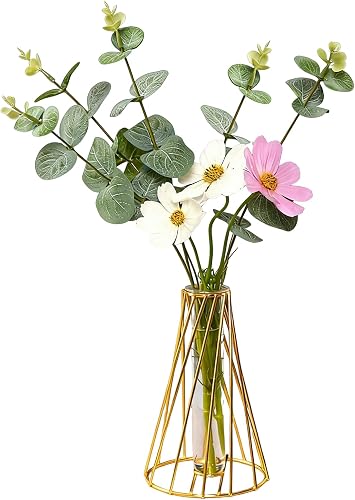 HELAIMAHY Gold Geometric Vase for Centerpieces, Metal Geometric Test Tube Modern Hydroponic Flower Stand, Modern Vase for Wedding Home Office Centerpiece Decor, 1 Piece