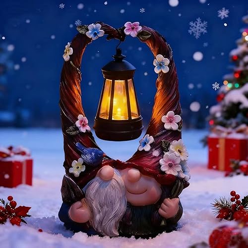 Decoraciones de gnomos al aire libre con linterna de luz LED, doble pareja, lindos gnomos, estatuas de resina, decoración al aire libre Rojo,Familia