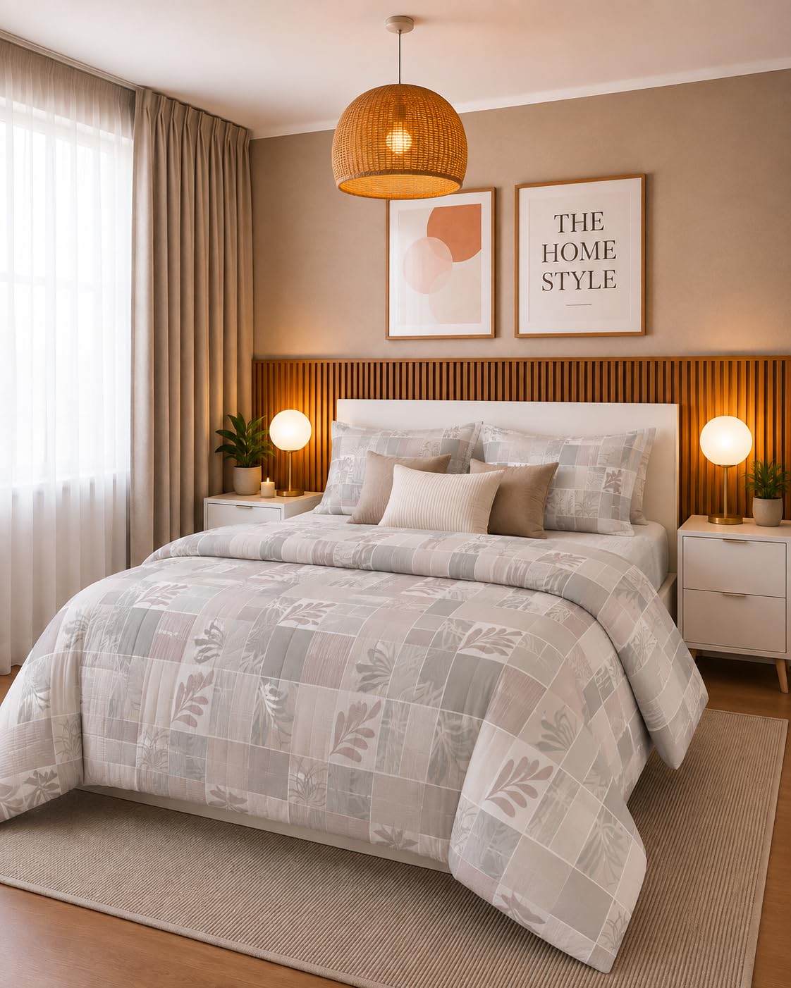 THE HOME STYLE Supersoft Glace Cotton Elastic Fitted All Around King Size Printed Double Bedsheet with 2 Pillow Cover & King Size Comforter/Duvet/Blanket (72"x78" + Comforter, Eden Squares)