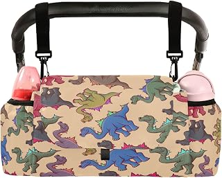 CUPADA Vintage Dinosaurs Pattern Universal Stroller Organizer, Cartoon Stroller Organizer Bag with Cup Holders Removable Shoulder Strap Fits Most Baby and Pet Strollers
