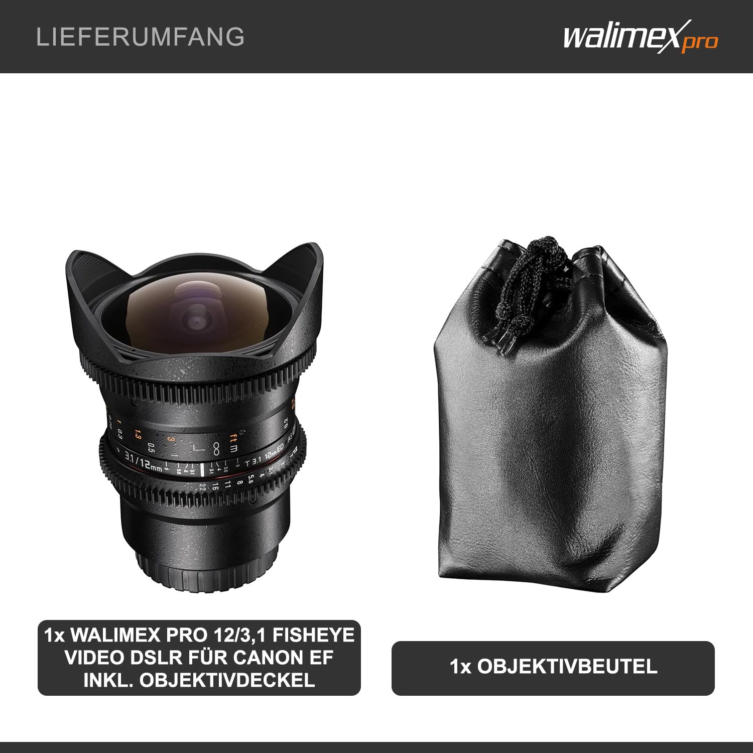 Walimex Pro 12 mm 1:3,1 Fish-Eye VCSC per obiettivo Canon EF baionetta nero (messa a fuoco manuale, per sensore di formato completo, regolazione dell'apertura continua, con paraluce rimovibile)