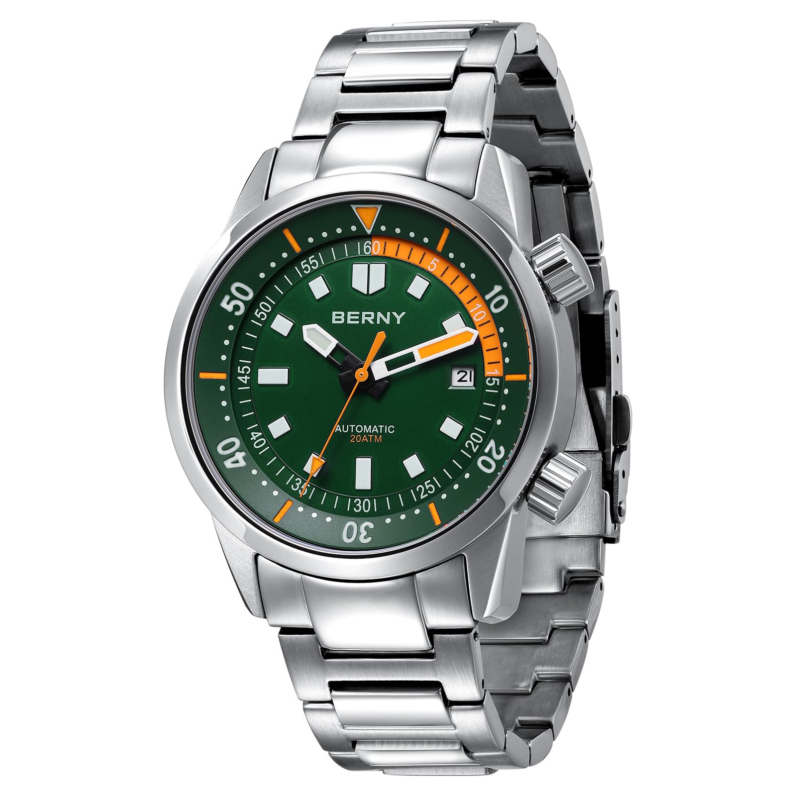 BERNY Automatische Uhr für Männer Taucheruhr 20ATM Mechanische Armbanduhr Saphirglas Bequeme Edelstahl Uhrenarmband Super leuchtende Männeruhren