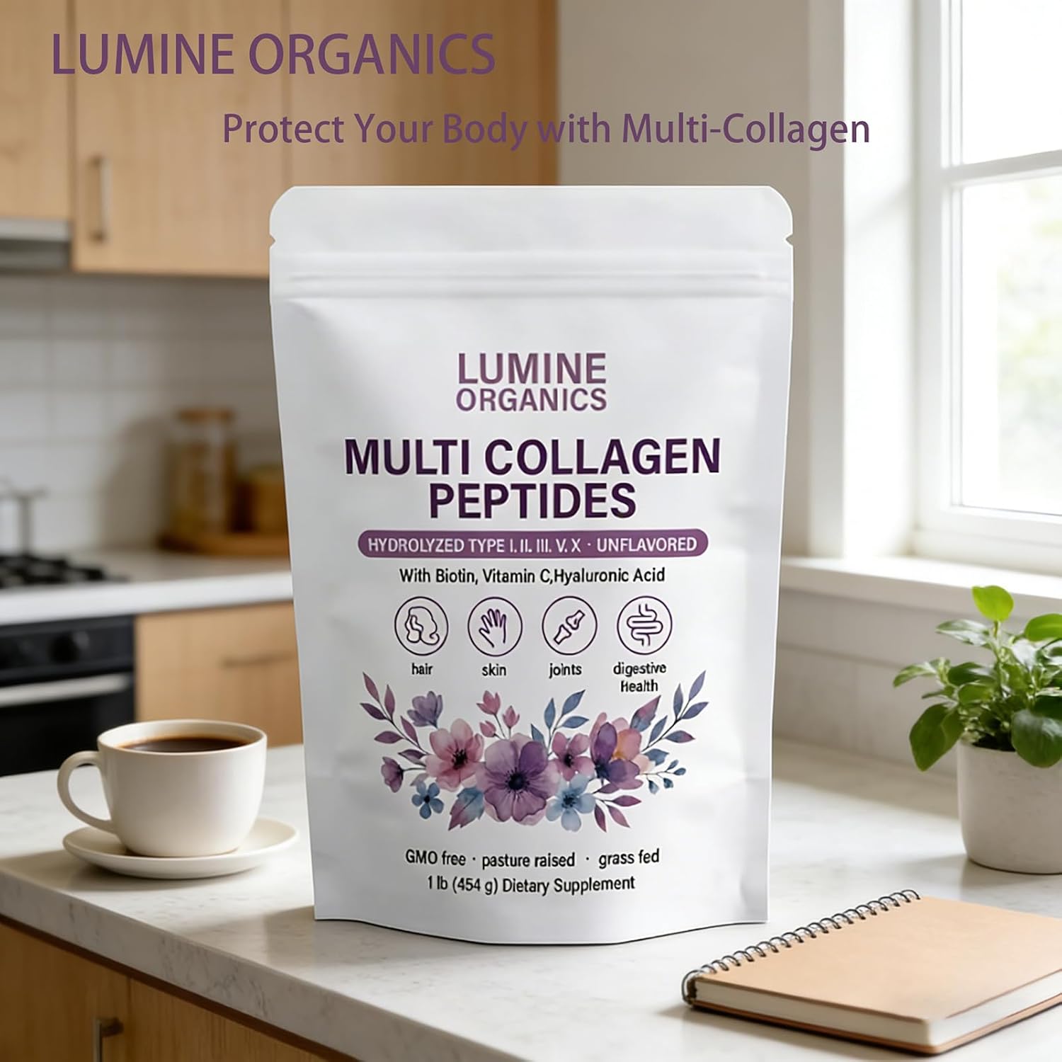 1PCSLumine Organics Collagen, Multi Collagen Peptides Powder,Type I,II,III,V,X with Biotin,Hyaluronic Acid Powder,Vitamin C,Unflavored for Women & Men,Non-GMO,16oz (1PCS)