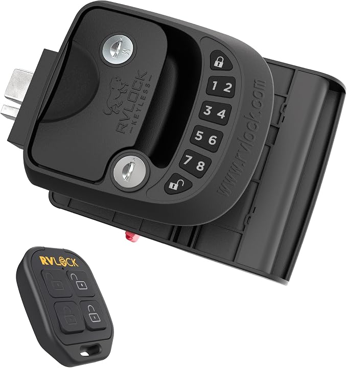 RVLOCK Compact RV Door Lock Replacement with Keyless Entry and Remote, Secure Low Profile RV Door Latch, Perfect Camper Door Lock for a Majority of RVs, Patented Security Technology