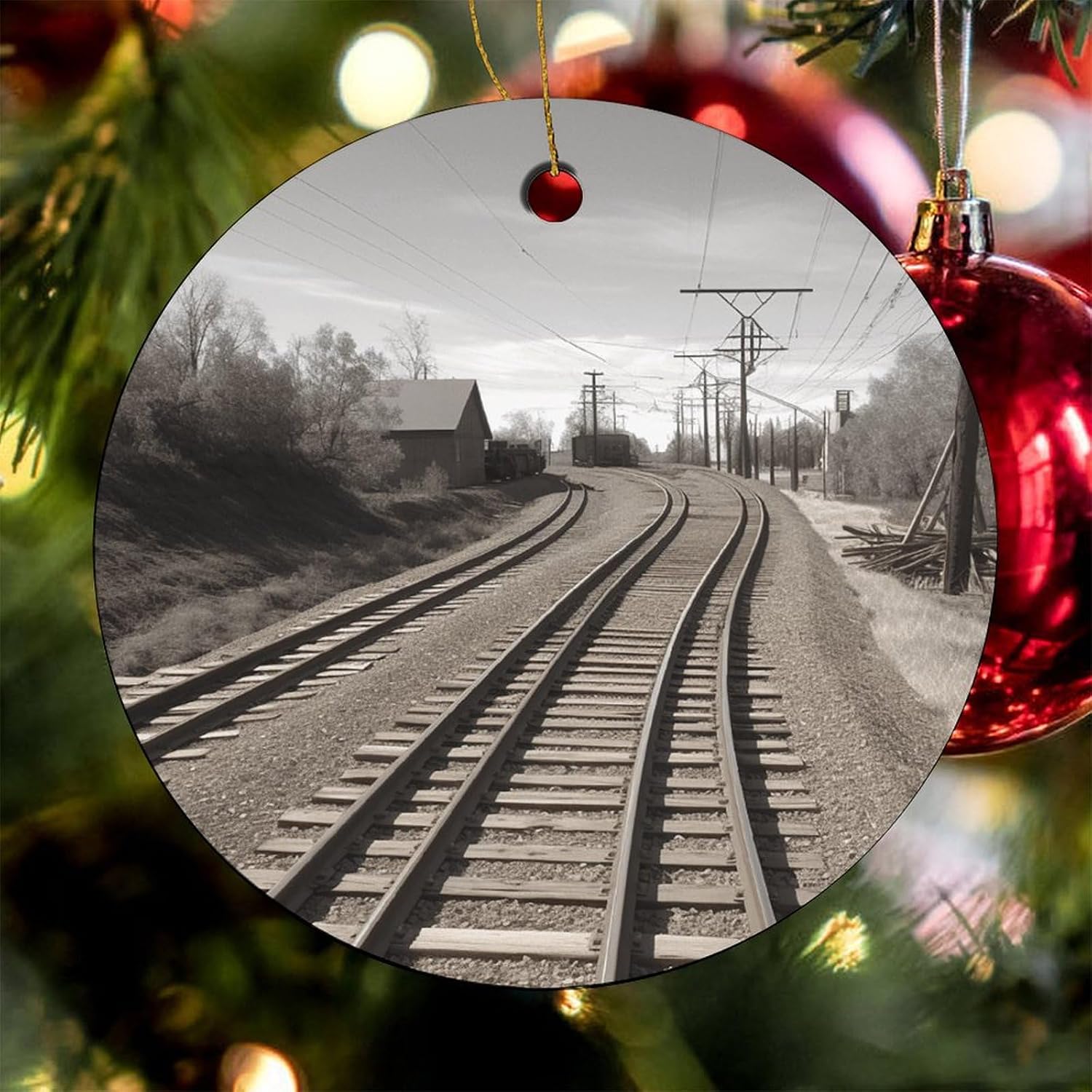 Round Ceramic Christmas Ornaments, Personalized Family Christmas Circular Pendant Train Track Printed Christmas Tree Circular Decoration for Indoor Outdoor 4 Pcs