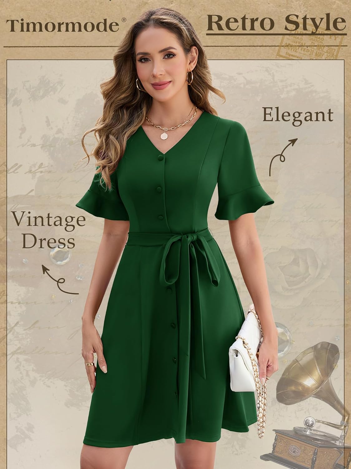 Vintage Cocktail Dresses for Women Wedding Guest Semi Formal 1950s Retro Tea Party Dress Bell Sleeve Church Work Casual Dresses TMD6005 DarkGreen XL - Image 2