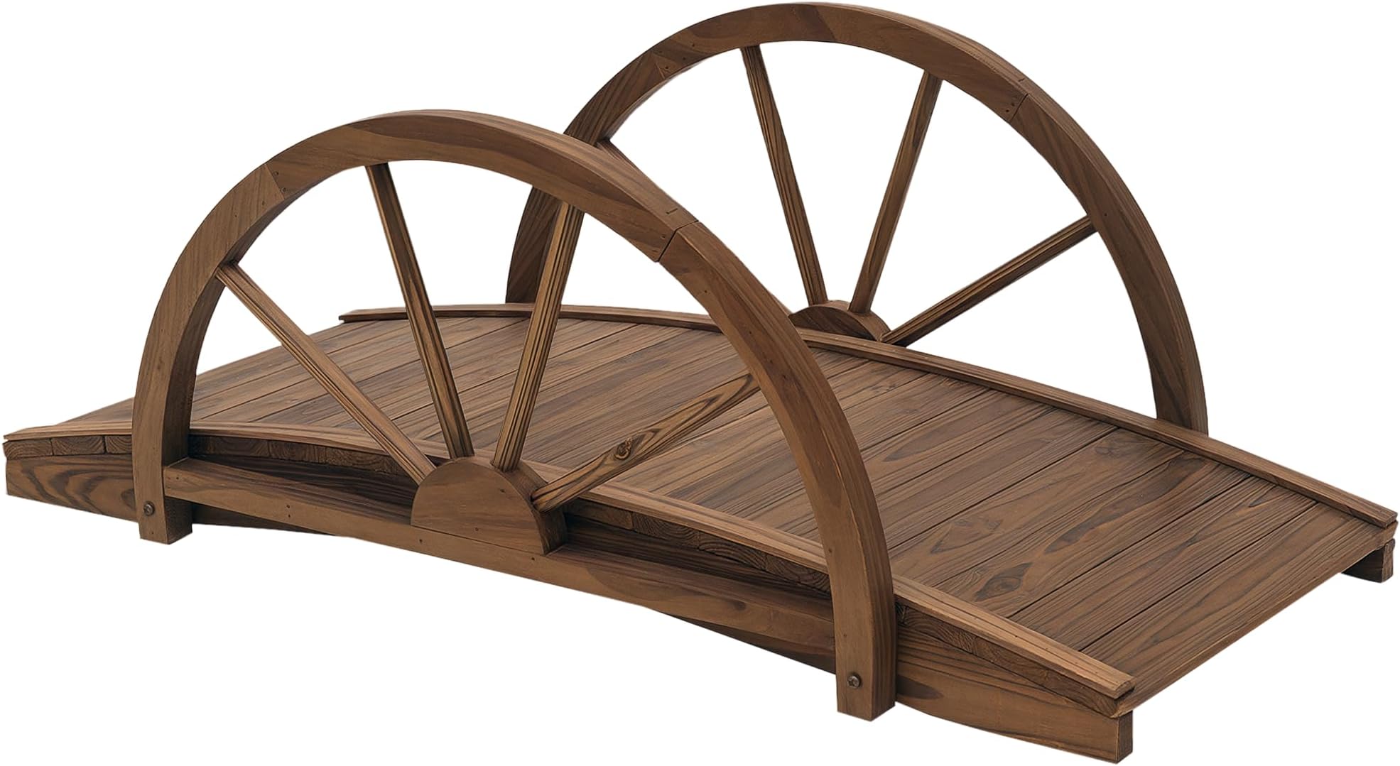 Outsunny Wooden Garden Bridge Lawn Dรฉcor Stained Finish Arc Outdoor Pond WalkwayYard Decoration Half Wheeled Railings 100L x 50W x 37Hcm