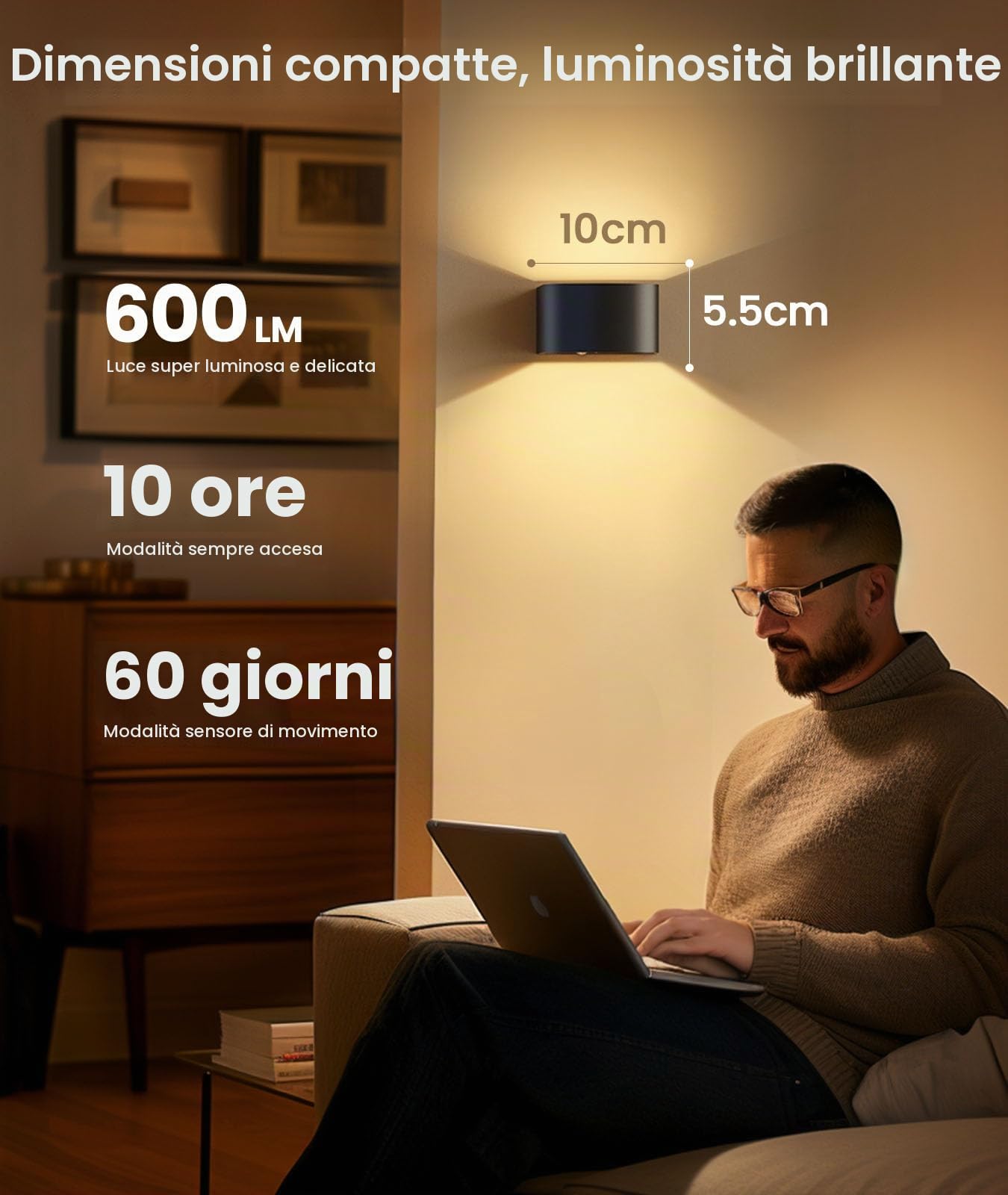 FULEN 4 lampade da parete a batteria con sensore di movimento, telecomando, 3 colori, LED, 3 modalità, ricaricabili, luminosità regolabile