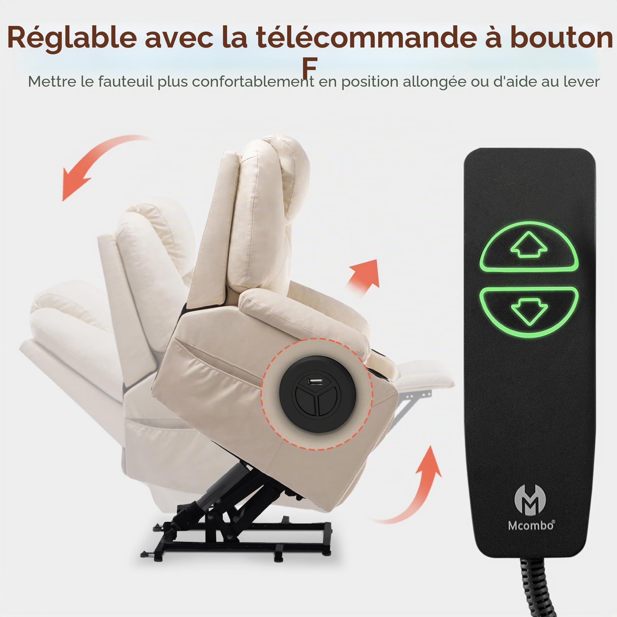 MCombo Fauteuil électrique Chauffant Chauffant réglable par USB Crème