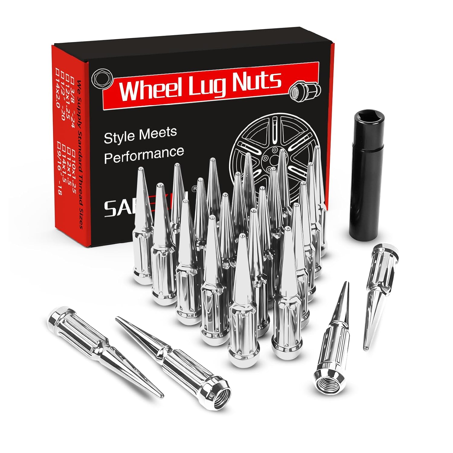 M14x1.5 Spike Lug Nuts, Spline Spiked Lug Nut with Key for Dodge Ram 1500, Toyota Tundra, Chevrolet Tahoe 2000-2024, Ram 2500 1994-2024, Acorn Solid Metal Truck Lug Nut(24Pcs, Chrome)