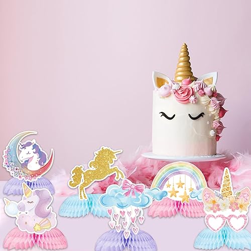 Miniatura 4 de Chilfamy Decoraciones de cumpleaños de unicornio, 9 piezas de centro de mesa de unicornio arcoíris con panal de abeja, decoraciones de mesa para