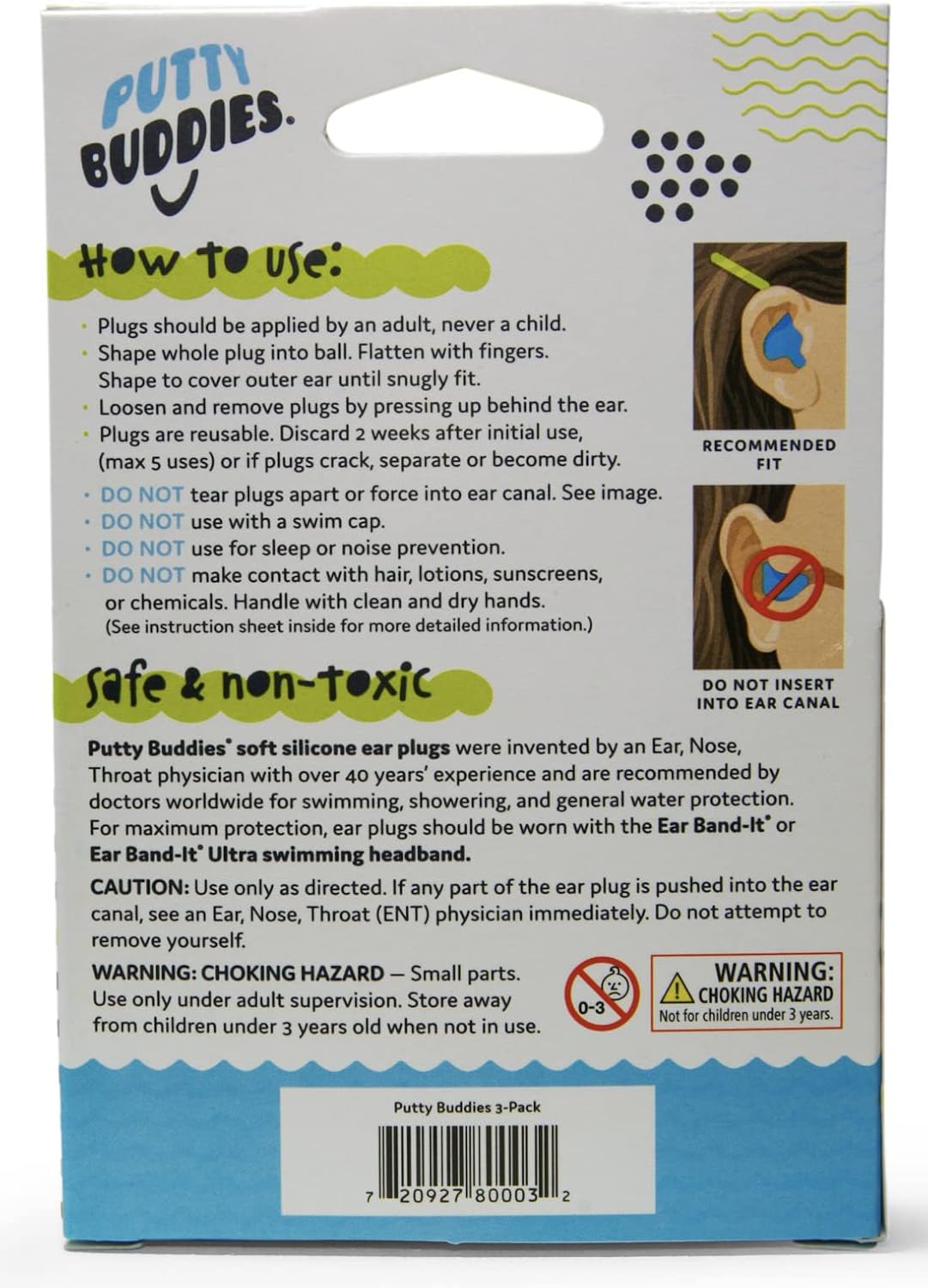 PUTTY BUDDIES Original Swimming Earplugs - Super Soft Moldable Plugs - Block Water - Comfortable - Great for Kids - 3-Pair Pack (Clear)