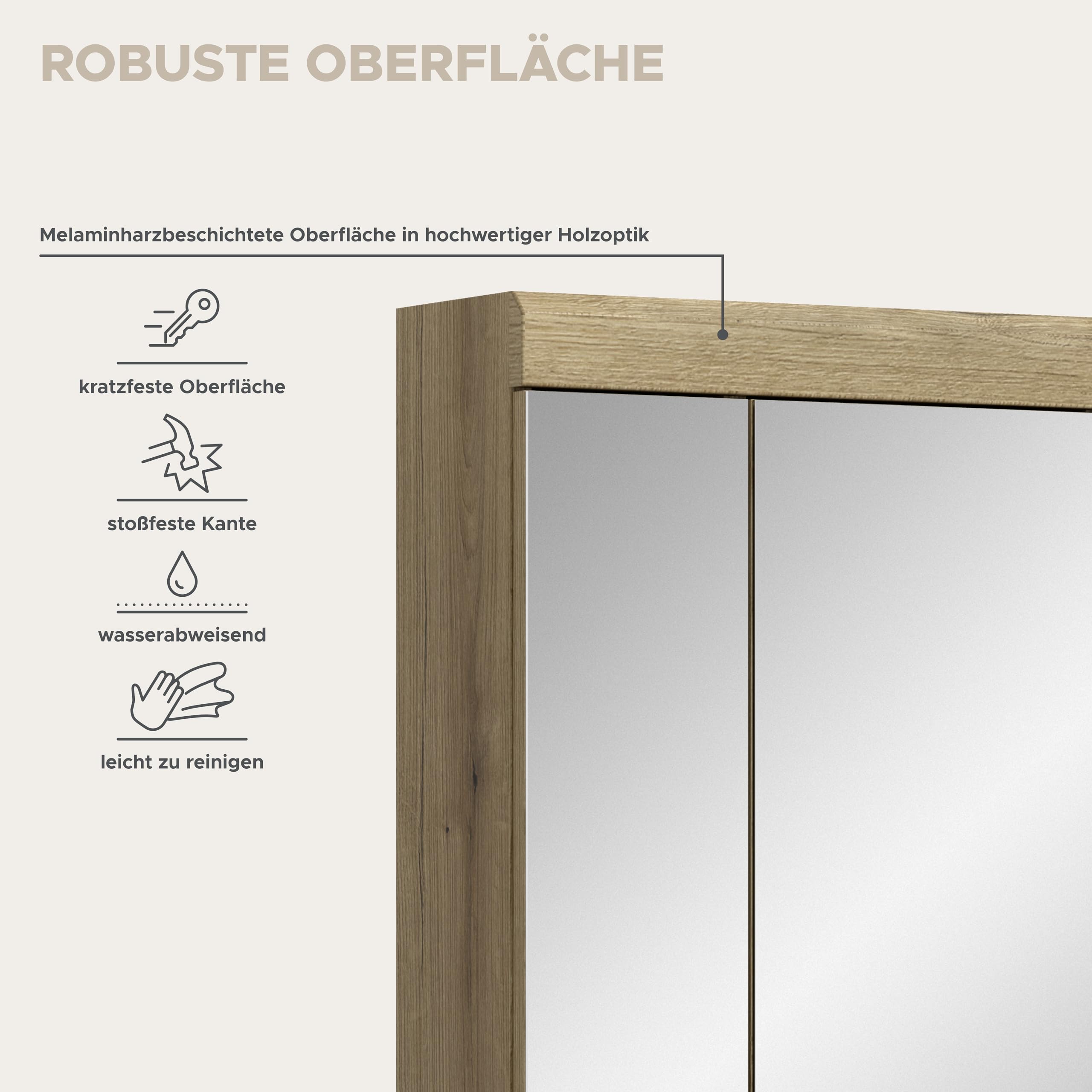 xonox.home – Spiegelschrank Scout 60x79x18 cm in Evoak Oak Nachbildung und einem Spiegelglas – Funktionaler Badspiegel mit Stauraum – klar – Bild 9