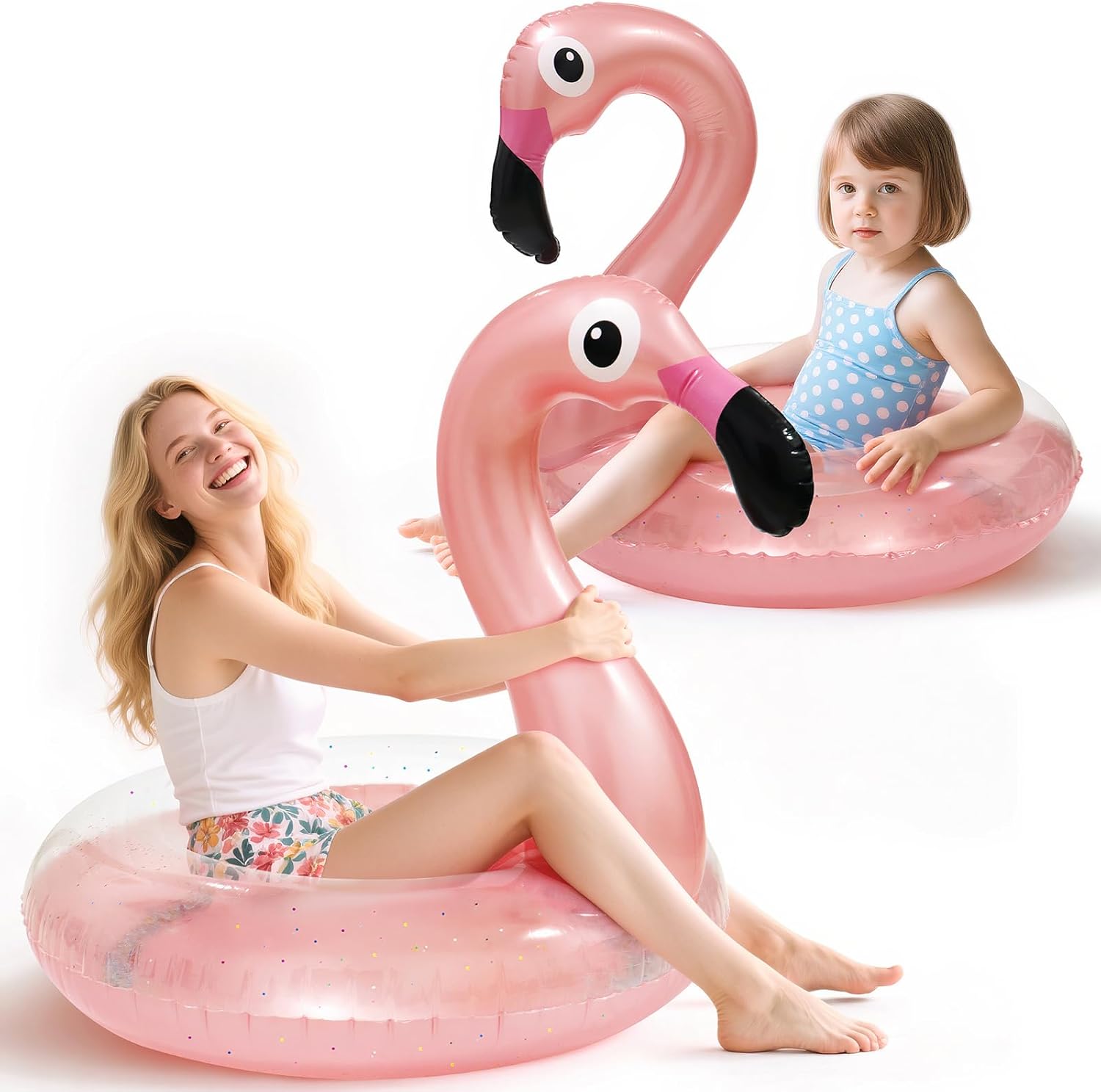 2PCS Flamingo Inflatable Pool Floats Adult Kids, Glitters Translucent Inflatable Pool Float for Kids Ages 6+, Fun Beach Floaties Summer Water Party Supplies(2 Size)