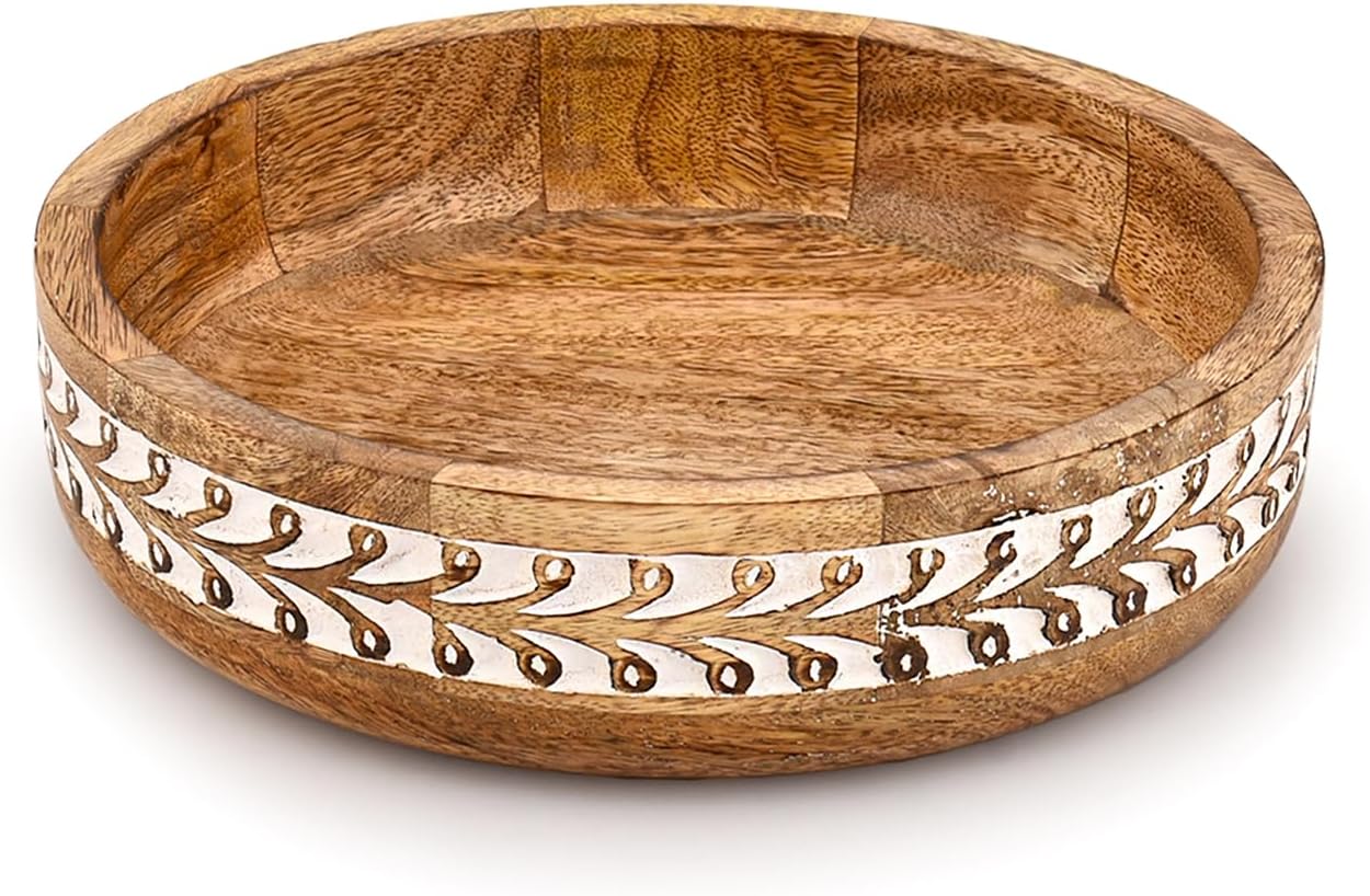 Kaizen Casa Fruit Bowl Mango Wood Rustic Fruit Bowls for Farmhouse Décor, Fruit Bowl for Kitchen Counter (10" x 10" x 2.5")