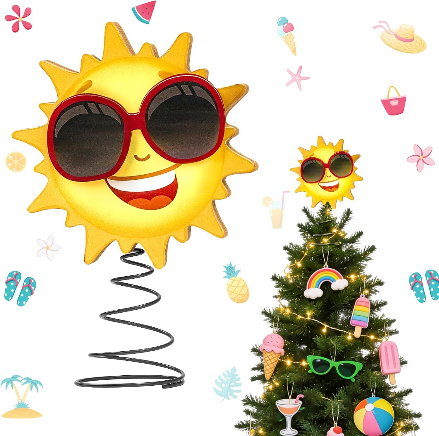 9.6 x 6.5 Inch Wood Sun Tree Topper with LED Lights, Summer Tree Decorations for Tropical Beach Luau Party Tabletop Battery Powered 3D Sunglasses Smiling Face Holiday Decor