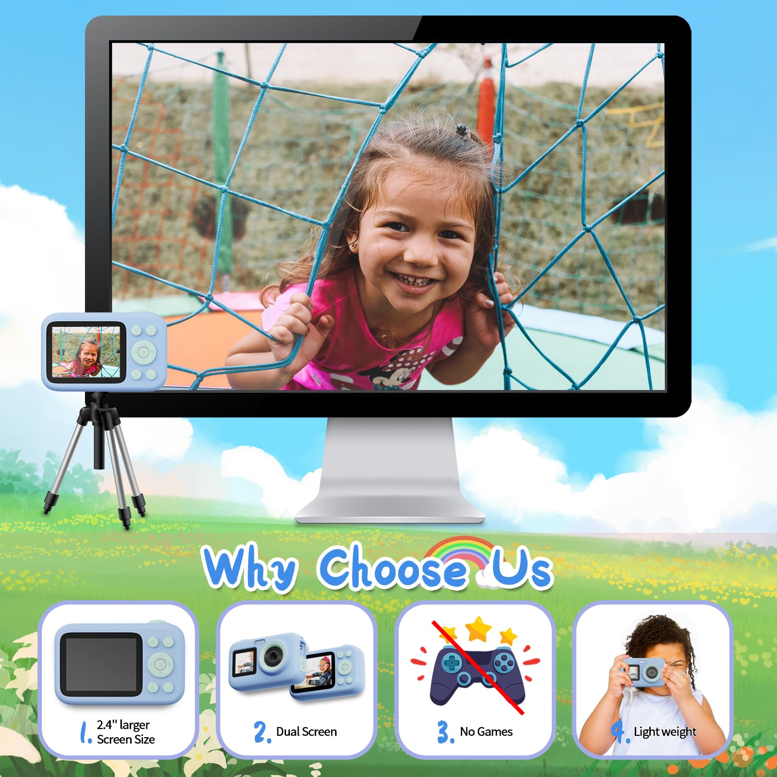 SJCAM macchina fotografica bambini,1080P 2.4'' 1.3'' doppio colore schermo LED Bambini fotocamera digitale Vedio Compleanno Regali di vacanza con 32G Card, adesivo per età 3-10 anni ragazze ragazzi