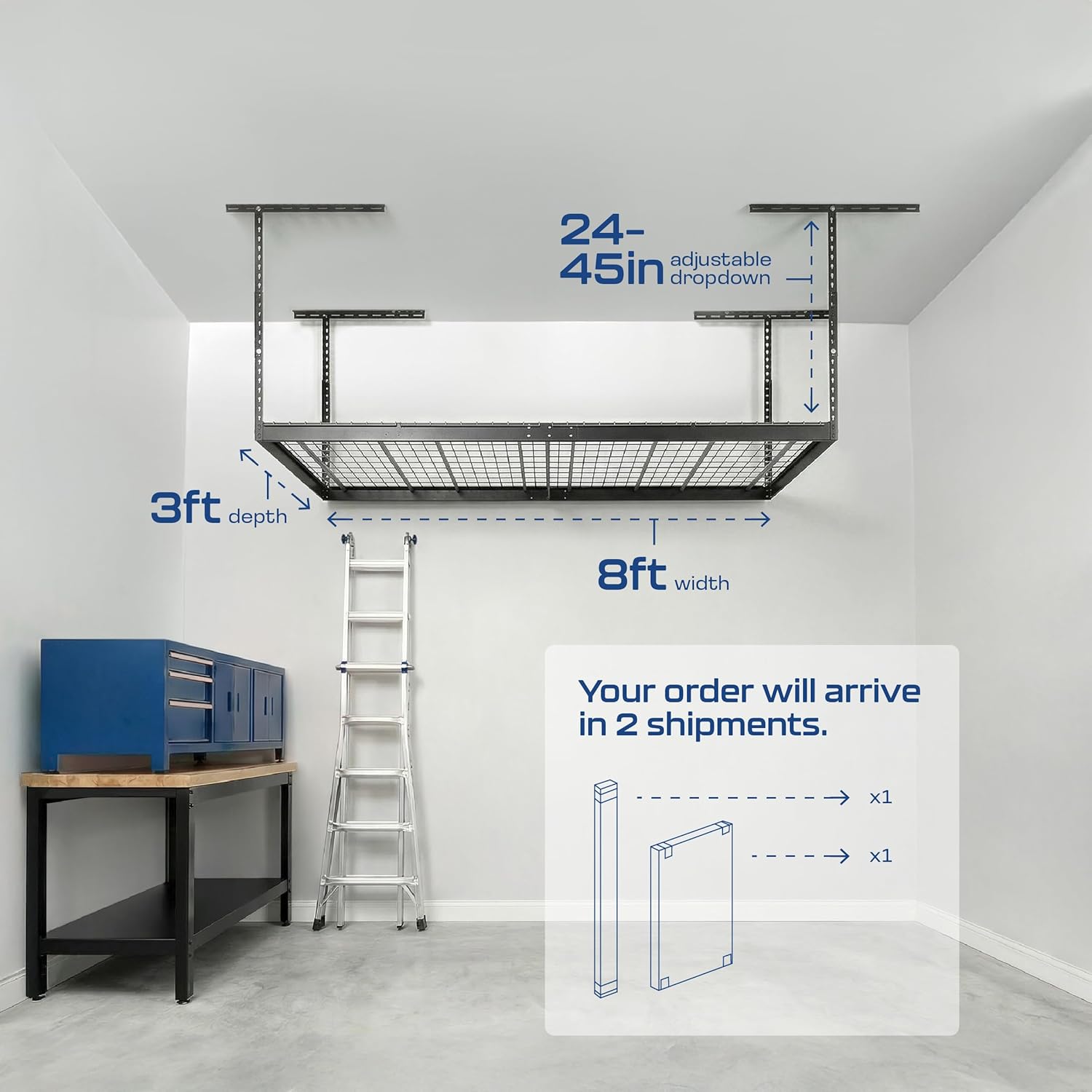 SafeRacks 3x8 Overhead Garage Storage Rack - 500 Pound Weight Capacity Height Adjustable Steel Ceiling-Mounted Rack with Accessories (Hammertone) (24"-45")
