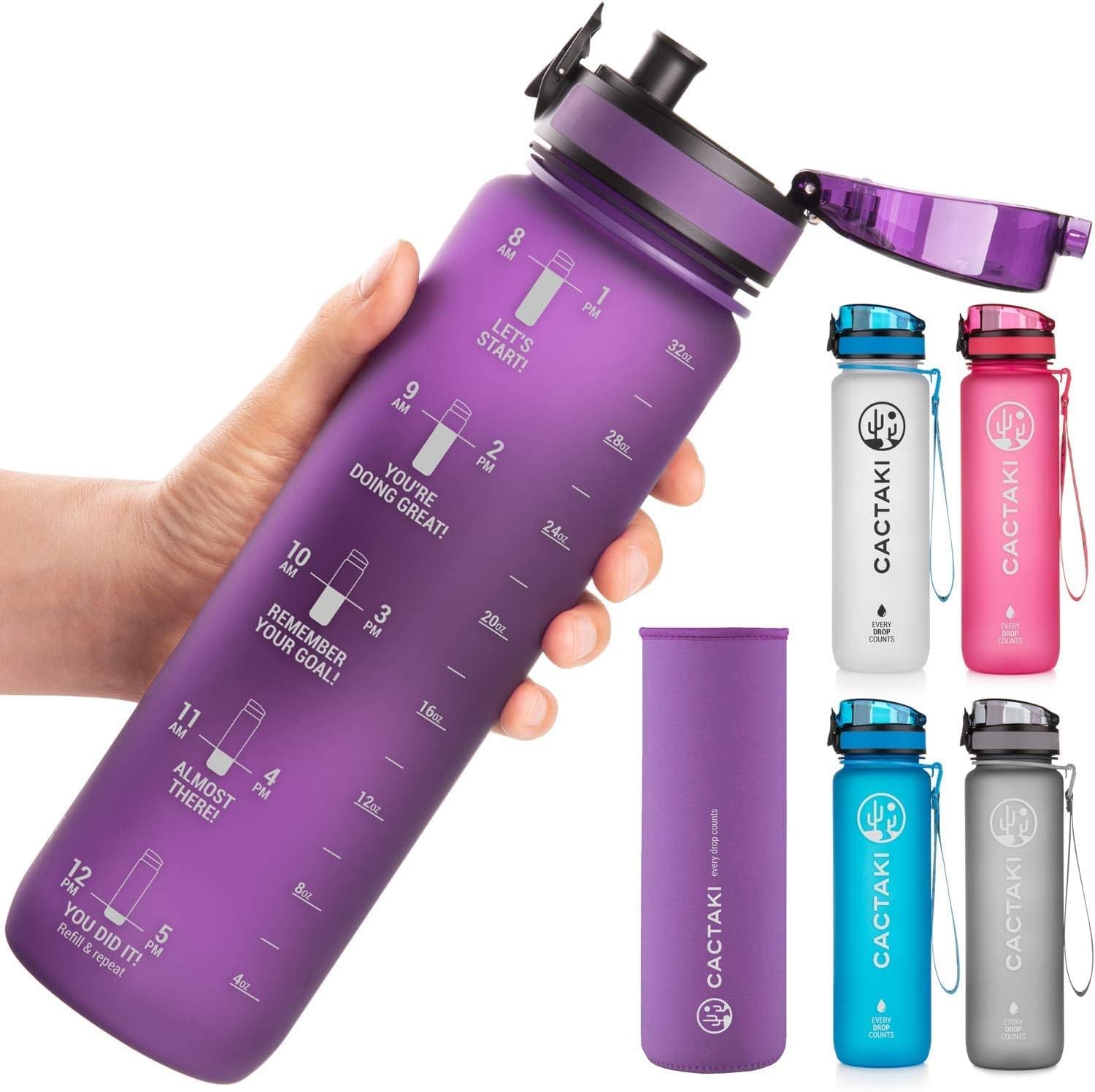 32 oz Water Drinking Bottle with Time Marker – Stay Hydrated – Hydration Tracker & Reminder to Drink With Hourly Measurement Markings – Leak Spill Proof & BPA Free