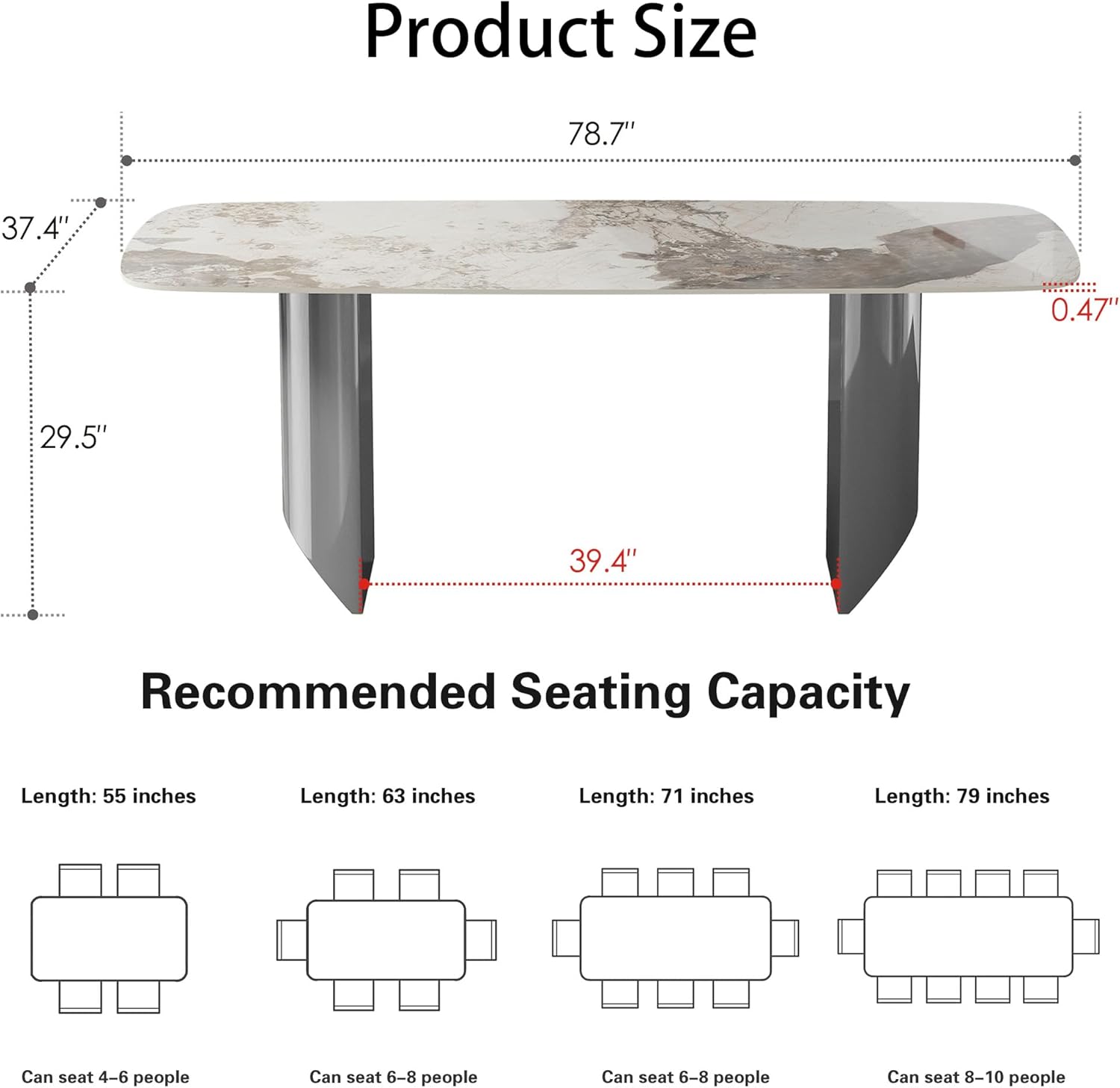 Rectangular Dining Table for 10 People, 79in Luxury Modern Kitchen Table with Faux Marble Tabletop and Grey Metal Base for Living Room 8-10 People