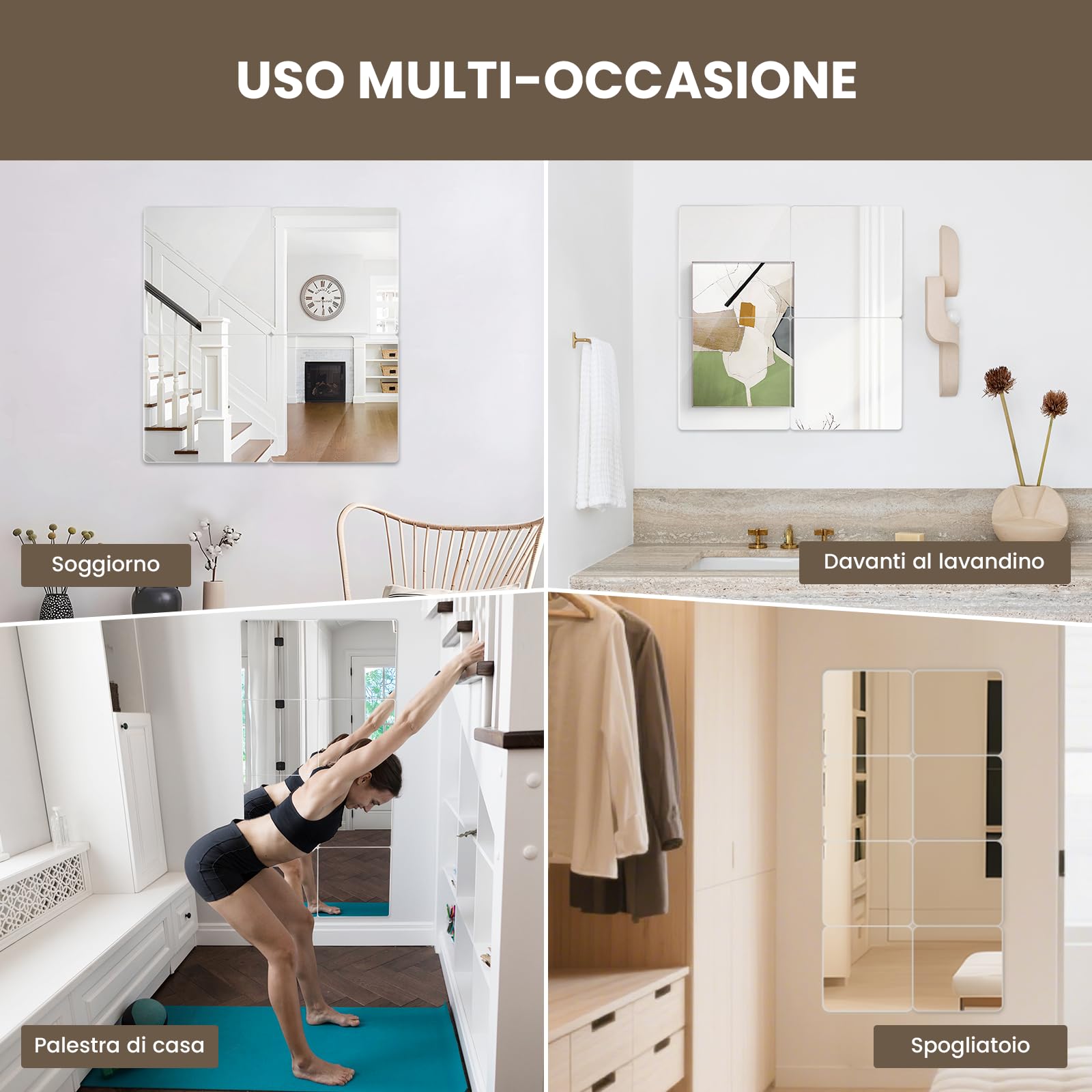 WEER 4 Pezzi Specchi Adesivi da Parete senza Cornice, 35x29cm Vetro Temperato Piastrelle a Specchio Autoadesive per Palestra, Bagno, Camera da Letto & Decorazione Murale Fai da Te