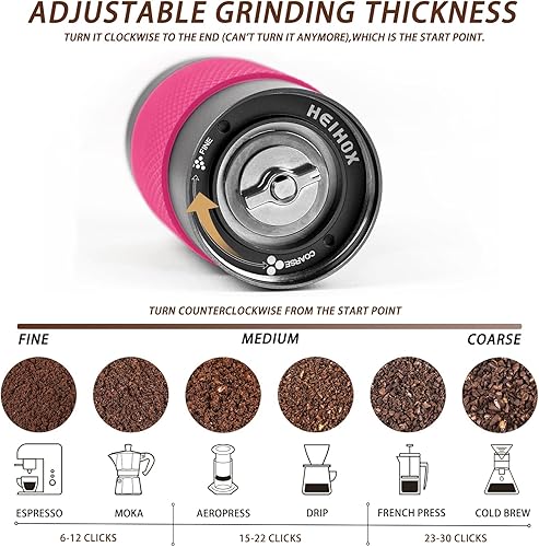 Miniatura 2 de Molinillo de café manual  HEIHOX Hand con molino de rebabas cónico ajustable de acero inoxidable, capacidad de 1.06 oz (30 g), molinillo portátil de