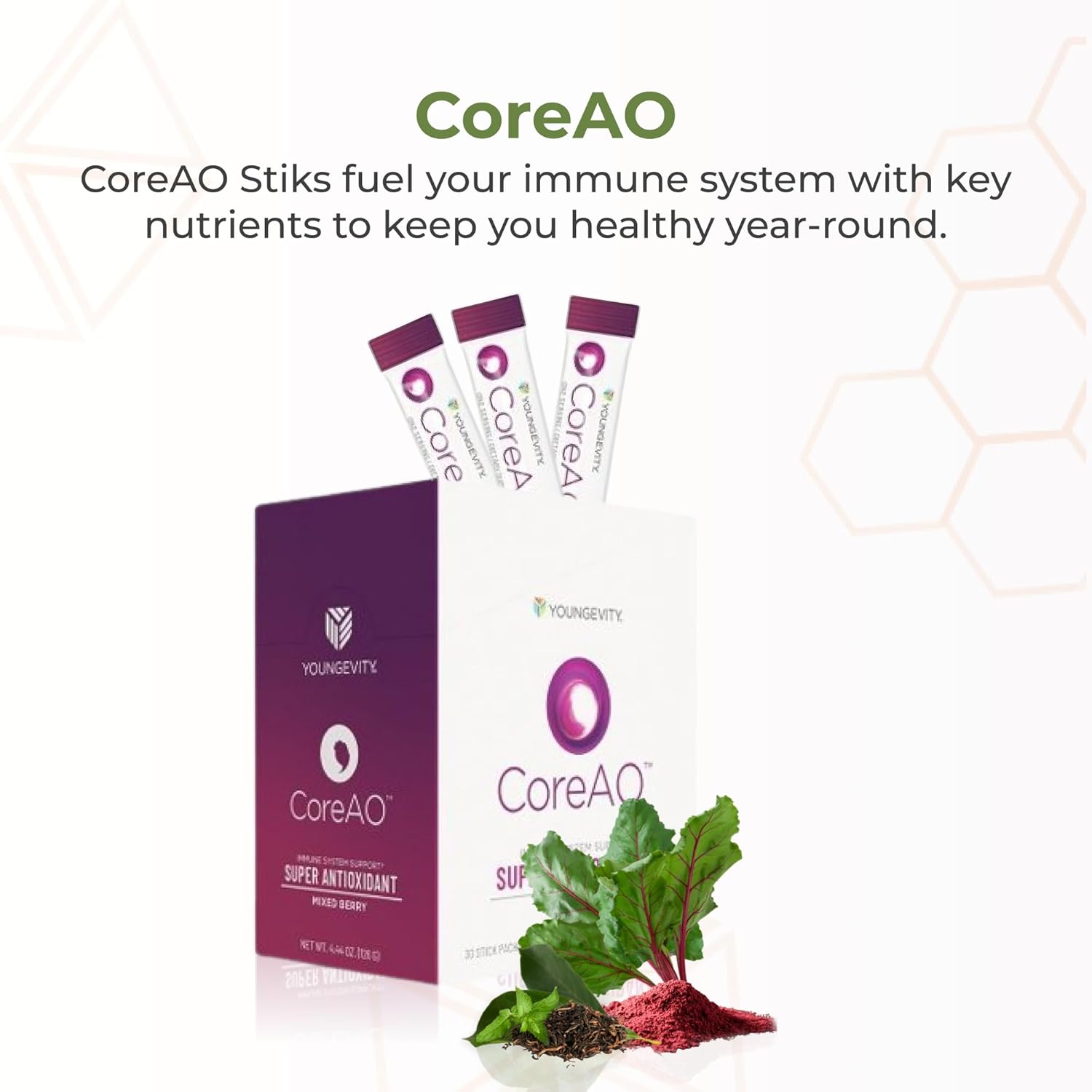Youngevity Official CoreAO Stiks – Antioxidant Superfood Supplement - Vitamin C, D3, and Zinc - Immune Support, Berry Flavor, On-the-Go Stick Packs, Non-GMO, Gluten-Free, and Low-Calorie – 30 Servings