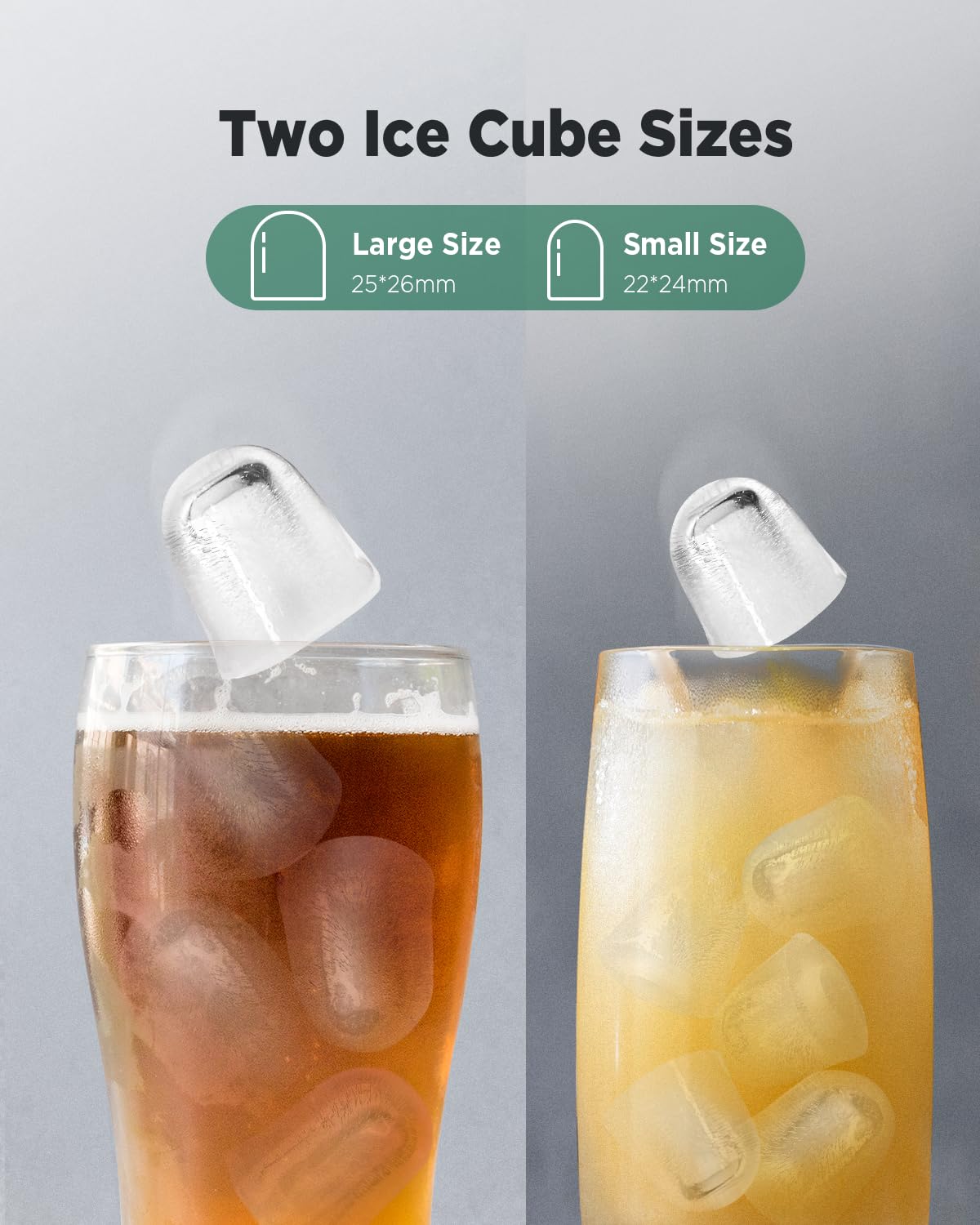 Comparison of small and large bullet ice cubes from Totnz Ice Maker
