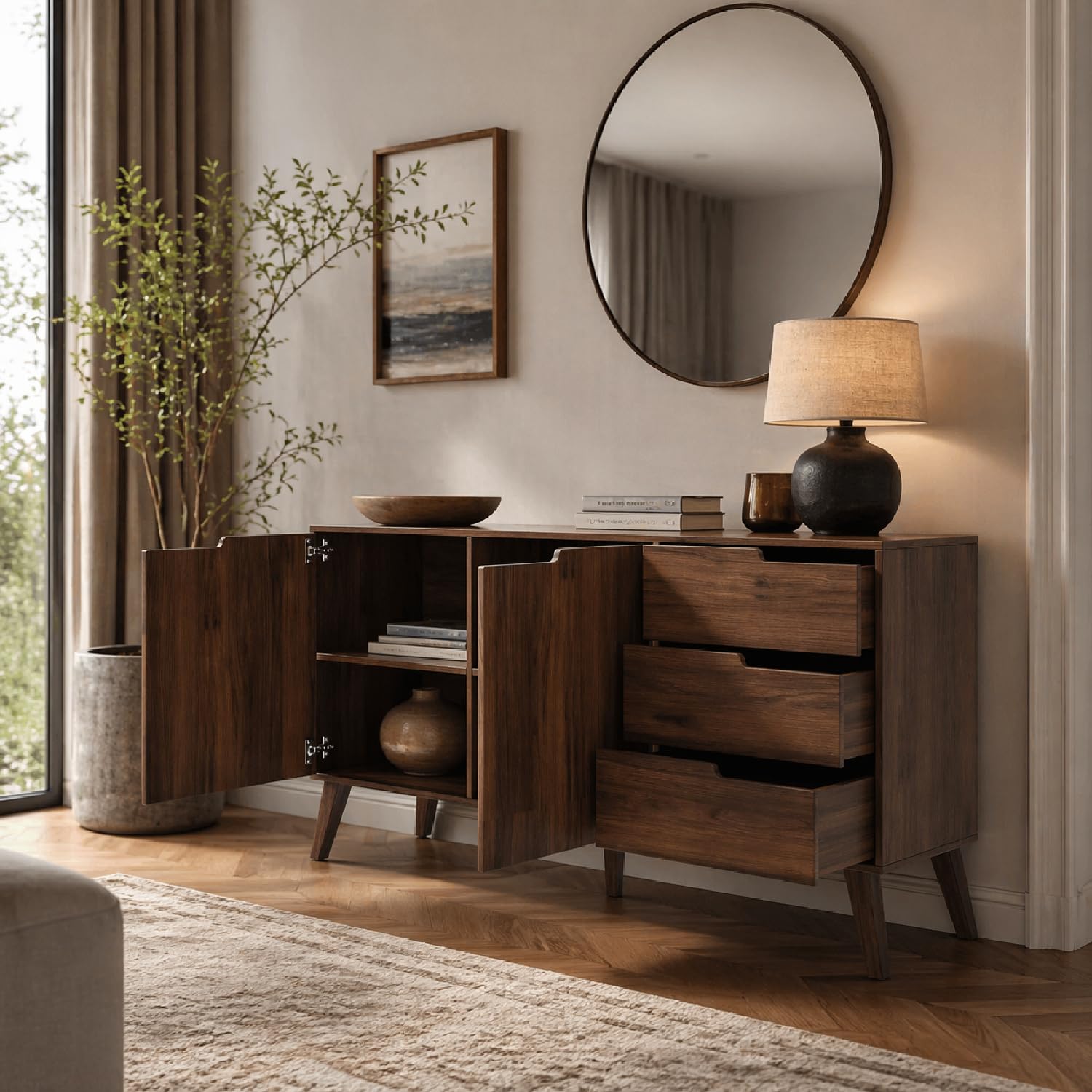 Credenza Con 2 Ante E 3 Cassetti Mobile Madia Contenitore In Melaminico Design Scandinavo Moderno Per Soggiorno Salotto E Zona Living 160 X 40 X 80 Cm Noce