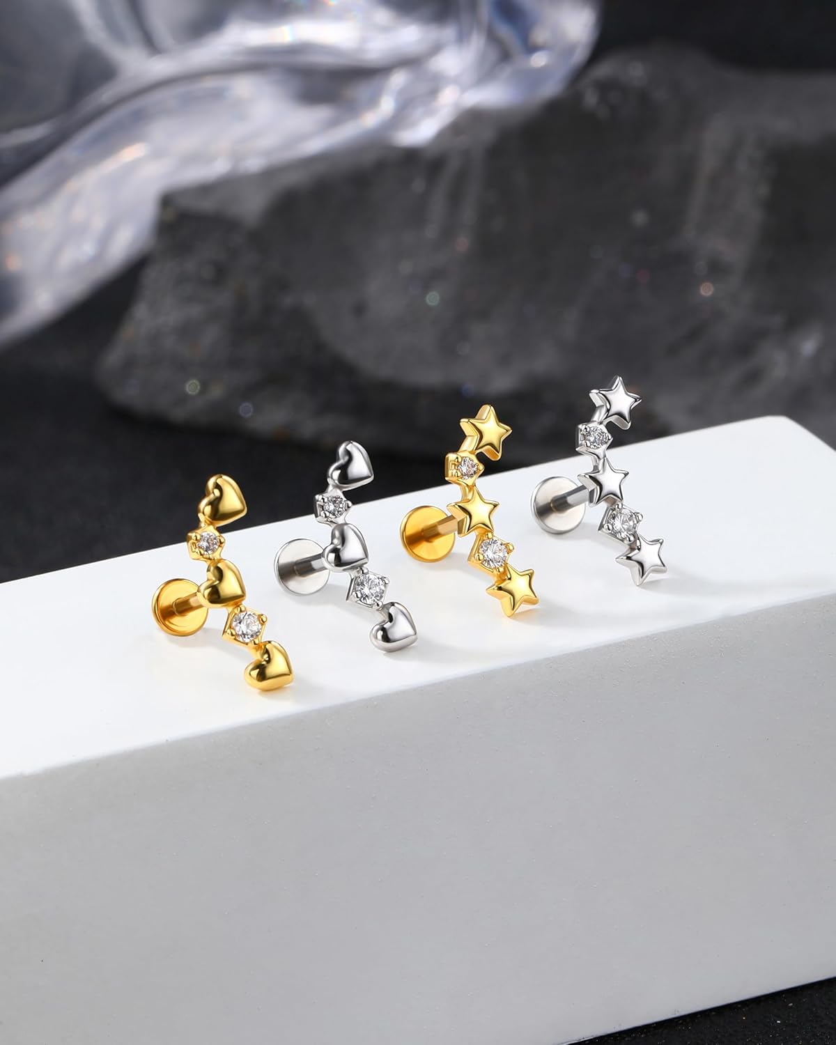 Jewseen 16g Internally Threaded Flat Back Earrings 316L Stainless Steel Star Helix Earrings Heart Cartilage Stud Earrings Gold Lip Piercing Jewelry Nose Stud for Women - Image 7