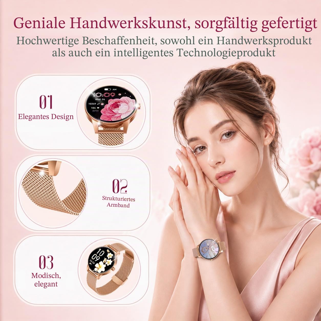 Smartwatch Damen mit Bluetooth Anrufe Fitnessuhr: 1.27" HD Touchscreen Smart Watch mit Herzfrequenz Schlafmonitor Schrittzähler 100+ Sportmodi Fitness Tracker IP68 Wasserdicht Uhren IOS Android