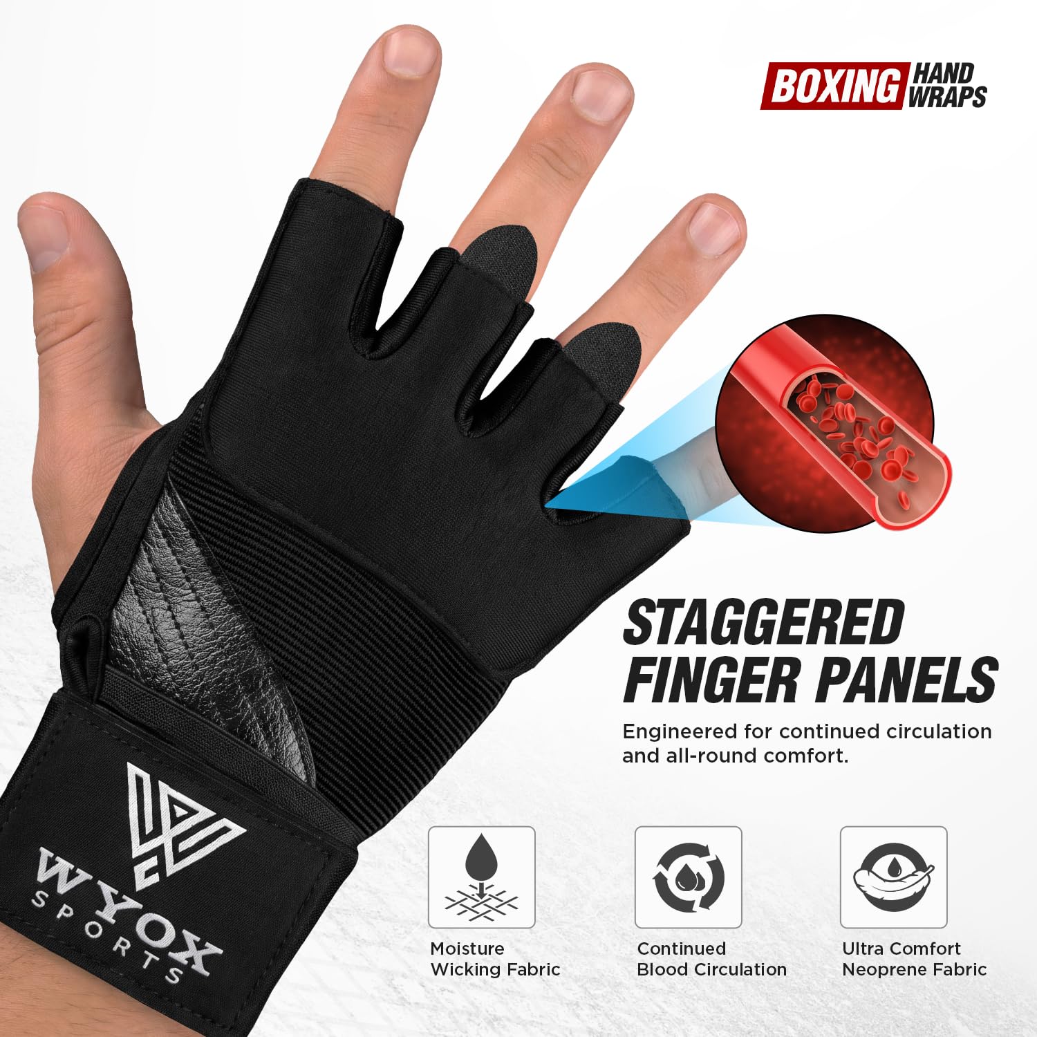 WYOX Fasce da boxe in gel, guanti interni per uomini e donne, 80 cm, cinghie da polso veloci, protezione imbottita per caviglia per Muay Thai, kickboxing, bende per pugilato e arti marziali