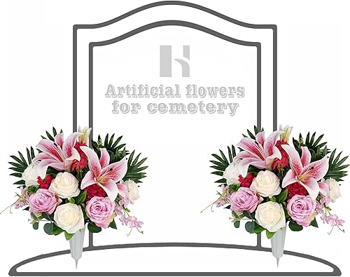 Miniatura 8 de HENOMO Flor de cementerio artificial con jarrón para lápida, decoración de tumbas al aire libre, ramo conmemorativo arreglado por floristas mezcla